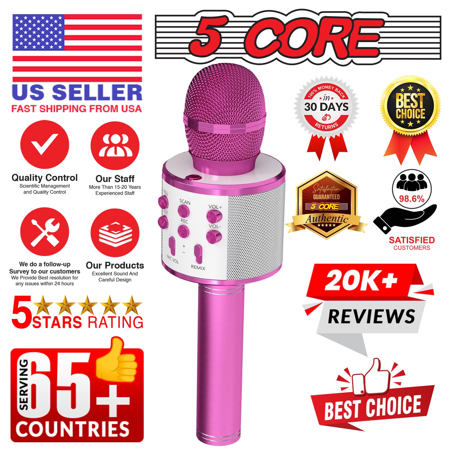 5 Core Karaoke Wireless Microphones Microfono Inalambrico Toy w Stereo Speaker SD Card & USB Playback