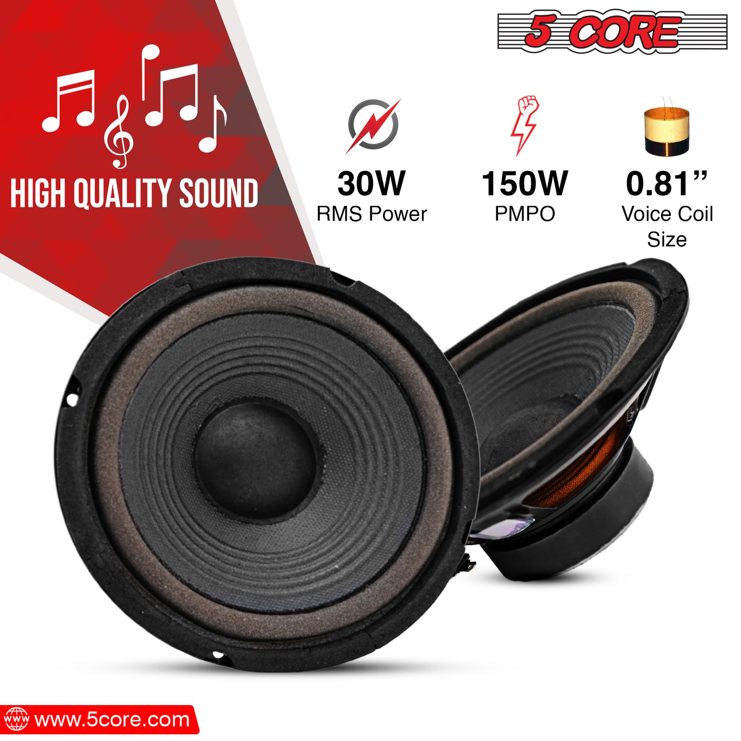5 Core 6-inch Subwoofer 2 Pieces/ Premium Replacement DJ Speaker Car Subs/ High Quality Woofer with 30W RMS, 1" CCAW Copper Voice Coil Kapton Paper, 4 Ohm Voice Coil- WF 672 2 PCS