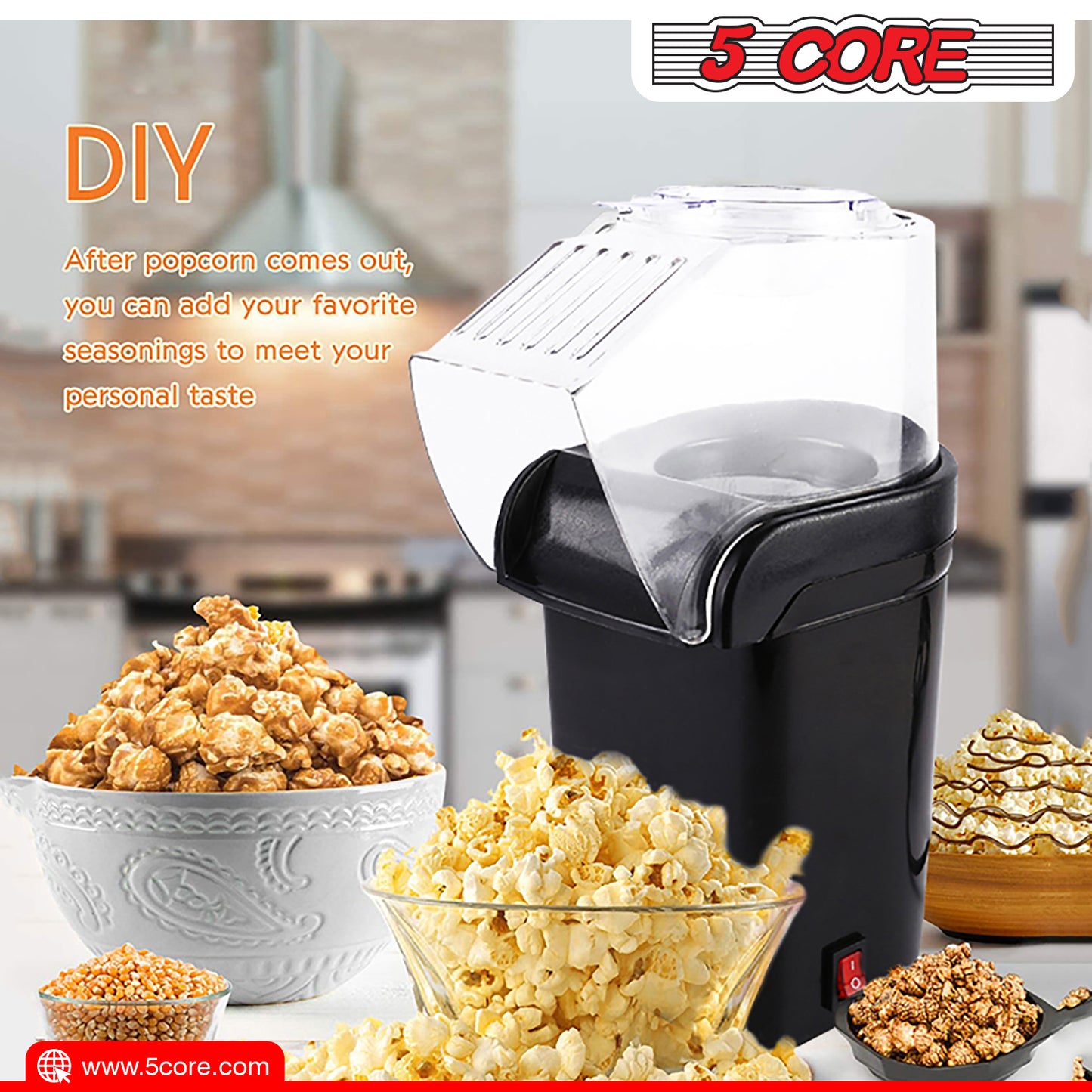 5 Core Popcorn Machine Hot Air Electric Popper Kernel Corn Maker Bpa Free No Oil POP B