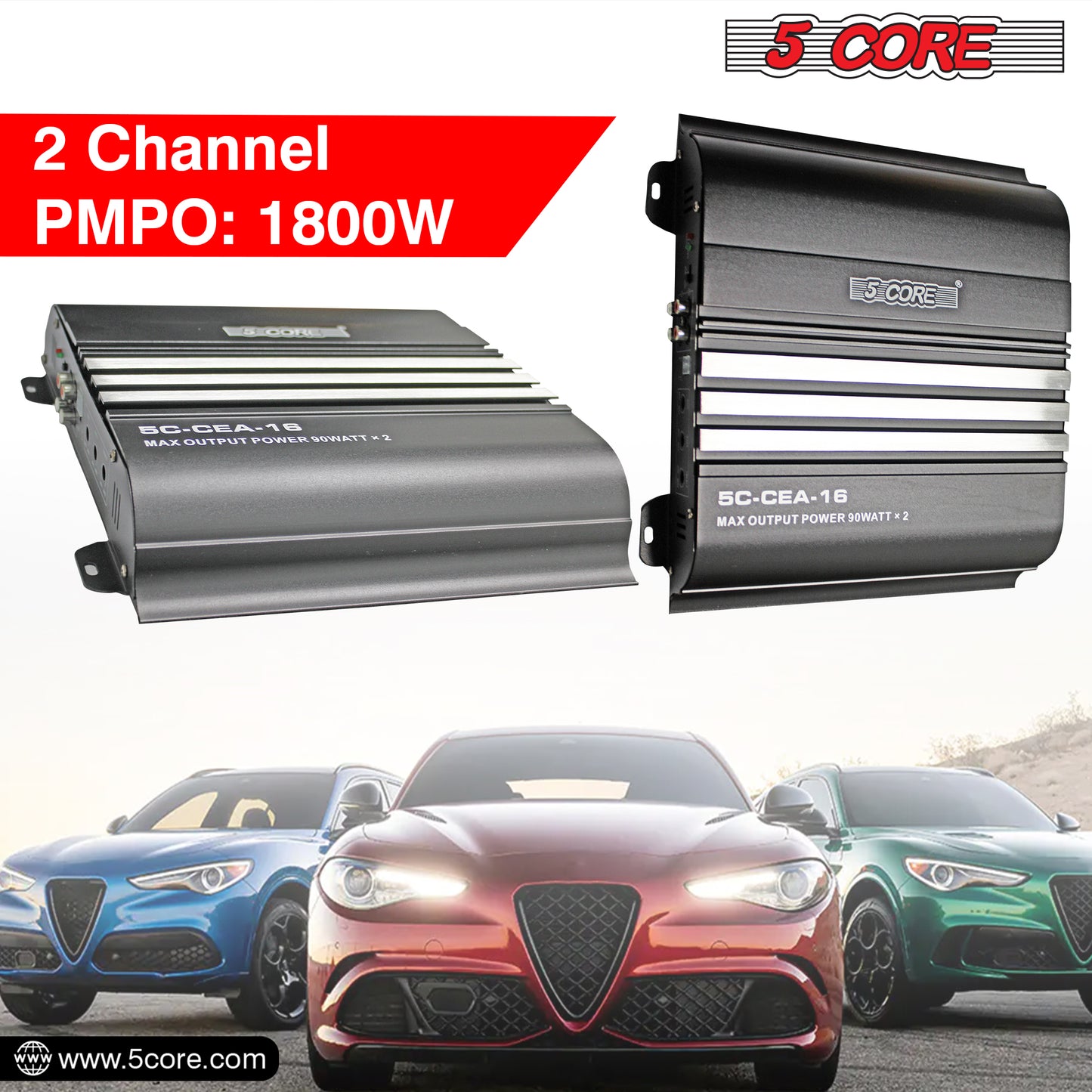 5 Core Premium 1800 Watt Car Amplifier | 2 Channel Power Amplifier for Stereo Sound | Audio Receiver amp for RV, Truck, Boat- CEA 16