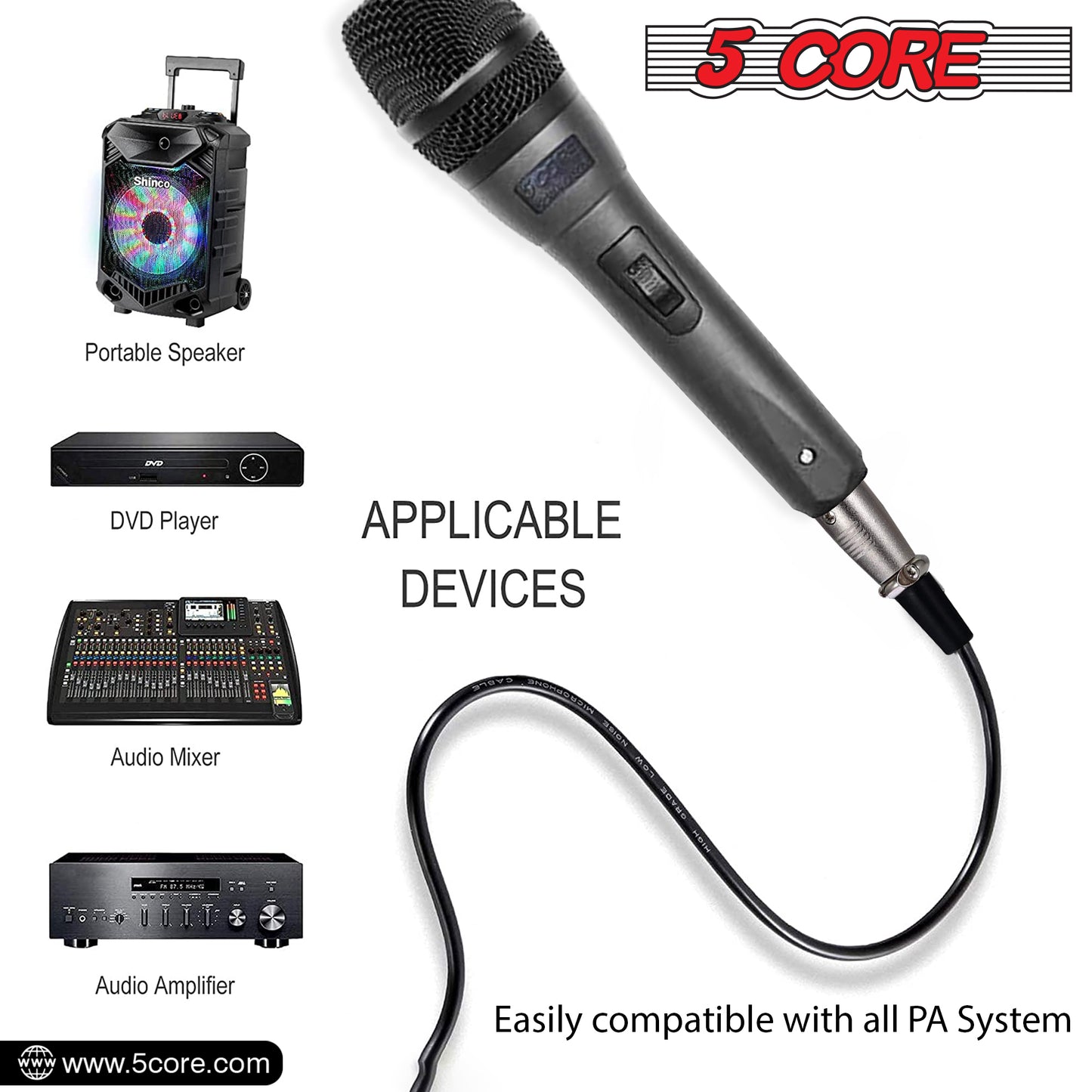 5 Core Professional Dynamic Vocal Microphone - Unidirectional Handheld Mic XLR Karaoke Microphone with ON/OFF Switch Includes 16ft XLR Audio Cable to 1/4'' Audio Jack Included - ND-32 ARMEX