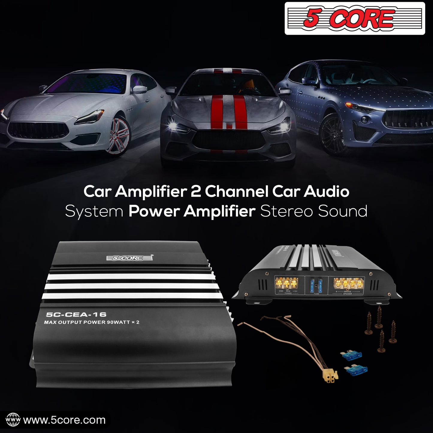 5 Core Premium 1800 Watt Car Amplifier | 2 Channel Power Amplifier for Stereo Sound | Audio Receiver amp for RV, Truck, Boat- CEA 16