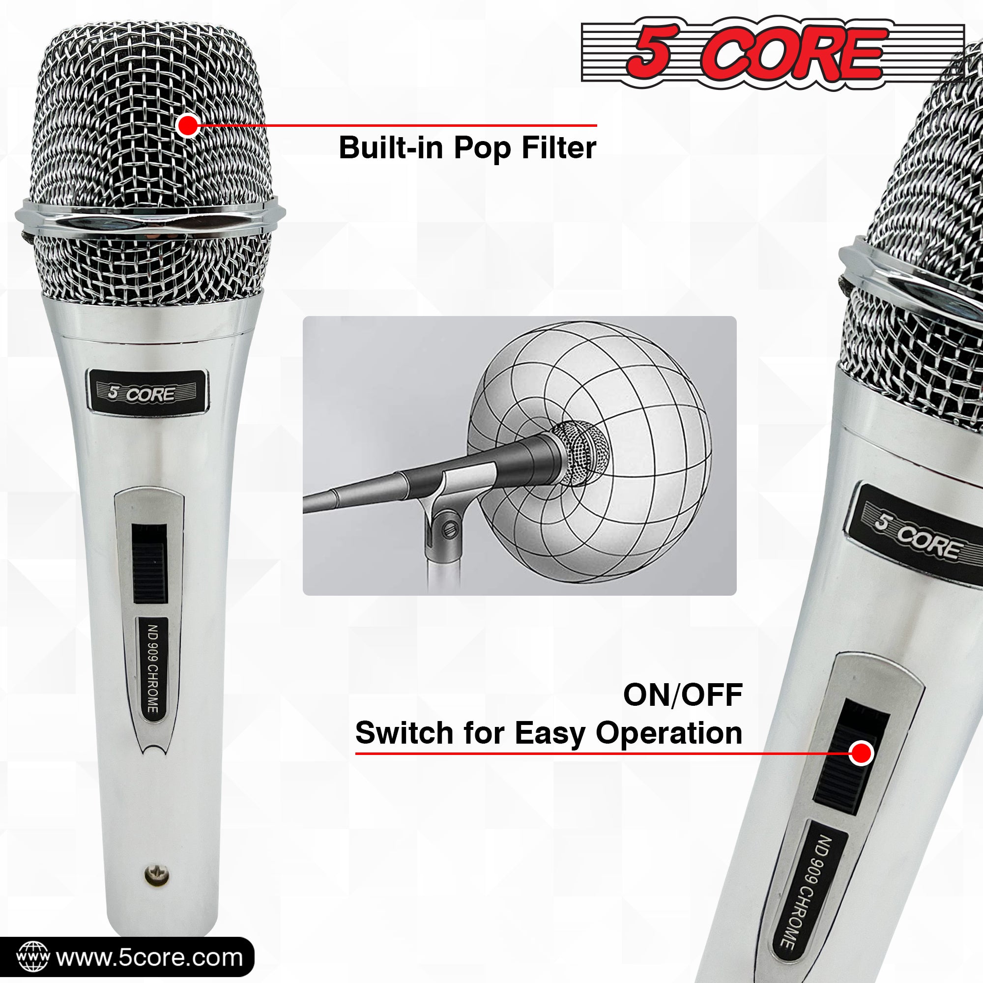 5 Core Microphone Professional Dynamic Karaoke XLR Wired Mic w ON/OFF Switch Pop Filter Cardioid Unidirectional Pickup Micrófono -ND 909 CHROME