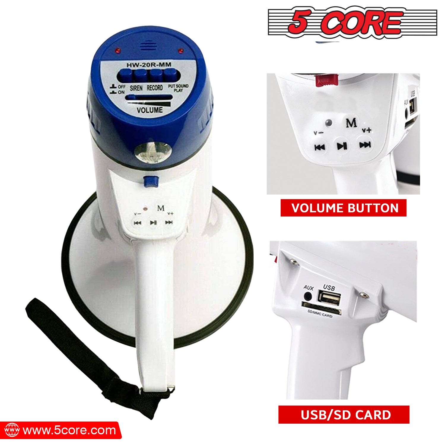 5 Core Megaphone PA Speaker 30W Bull Horn Loud Speaker 800 Yards Range Portable USB PA Horn w Recording Volume Control Siren Noise Maker -8R-USB WOB