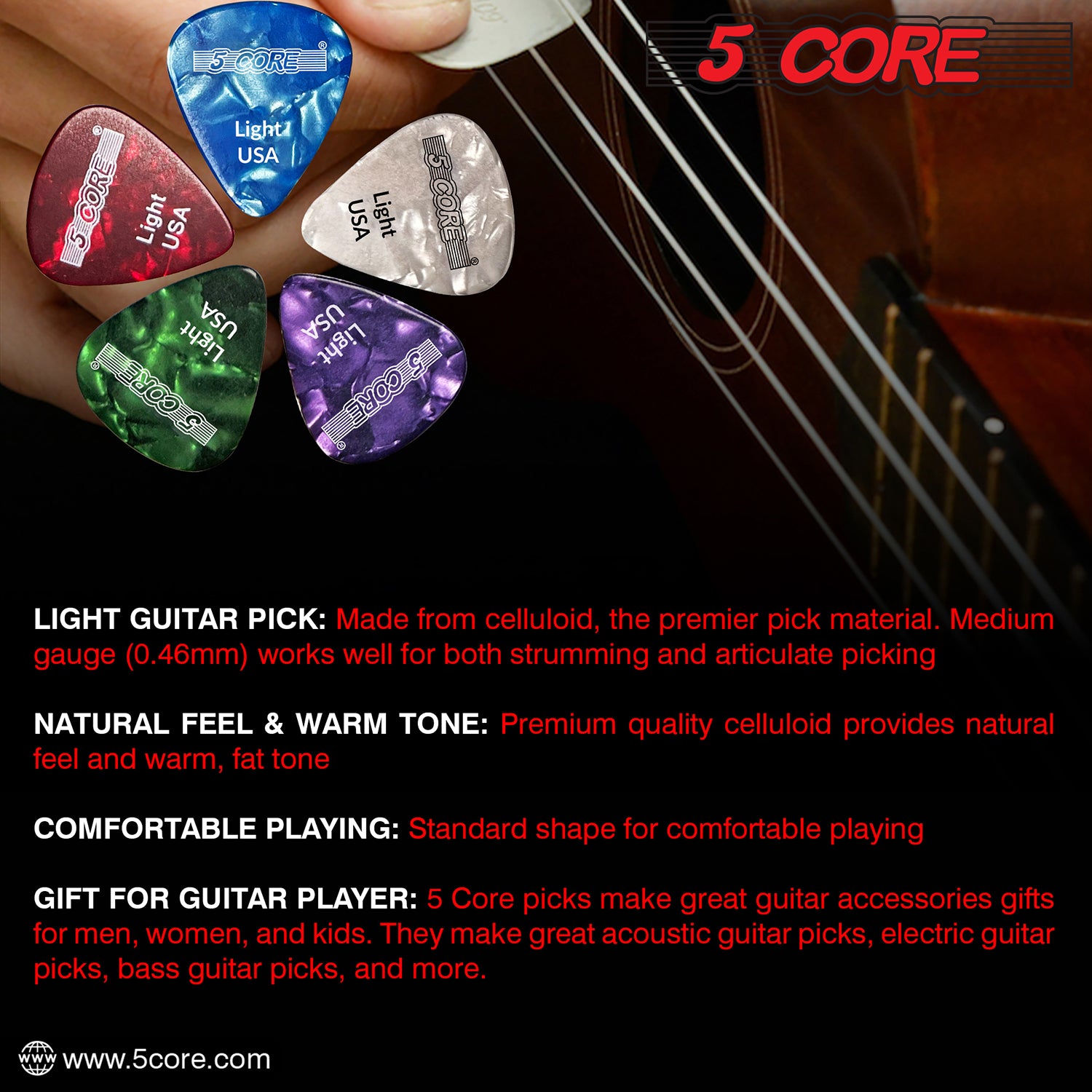 5 Core Celluloid Guitar Picks 12 Pack RedLight Gauge Plectrums for Acoustic Electric Bass Guitar