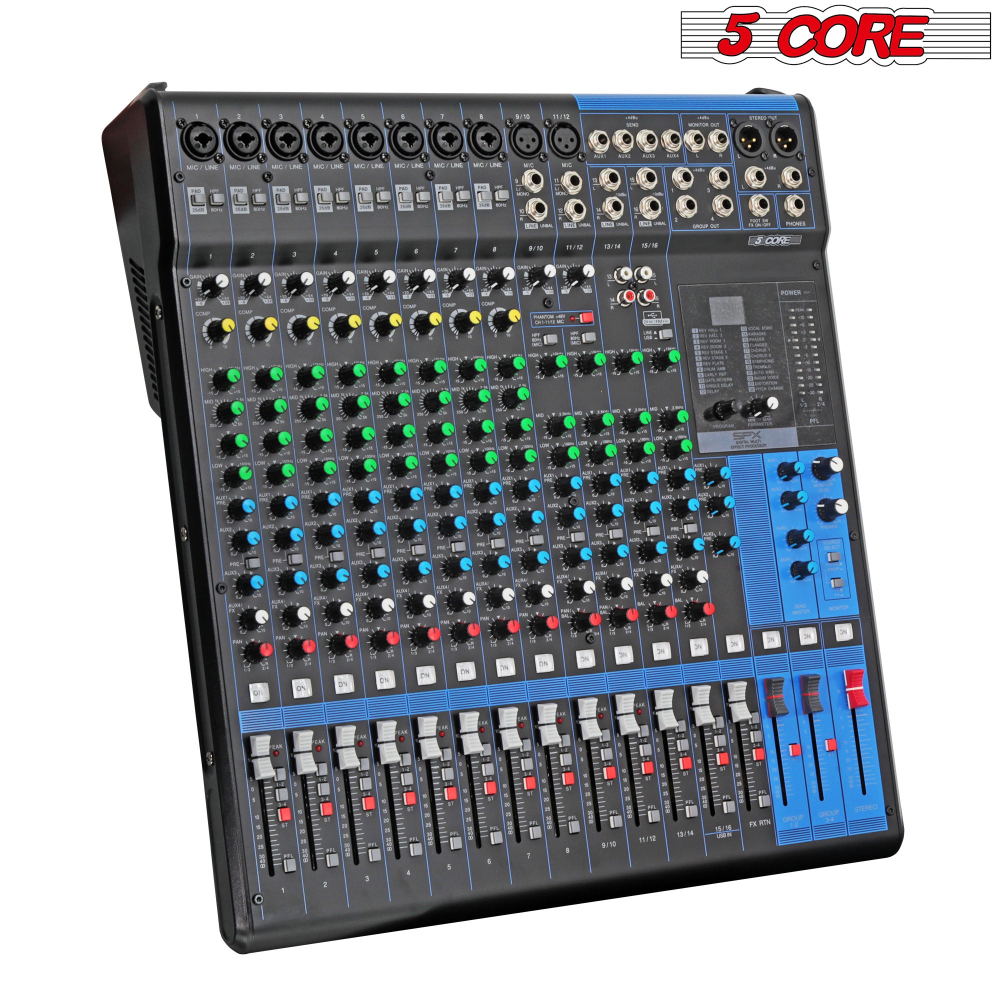 5 Core Audio Mixer DJ Equipment Digital Sound Board Karaoke XLR Mixers Professional 16 Channel 6-Bus USB Interface with Effects -MX 16CH XU