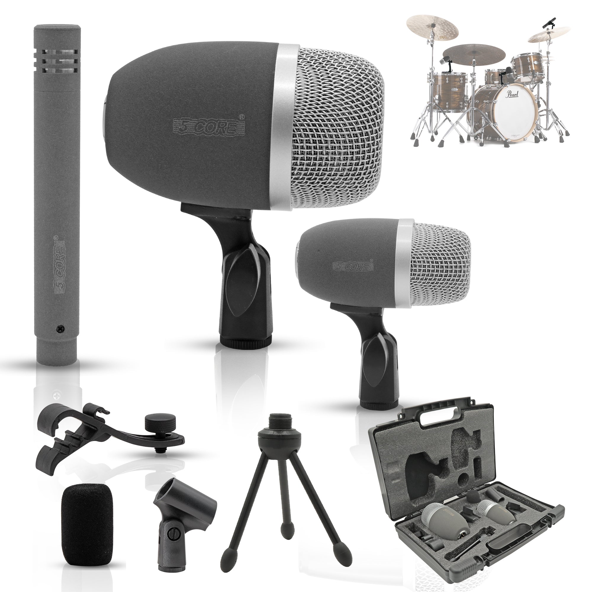 5 Core Drum Mic Kit 3 Piece Dynamic XLR Kick Bass Tom Snare Microphone Set for Drummers