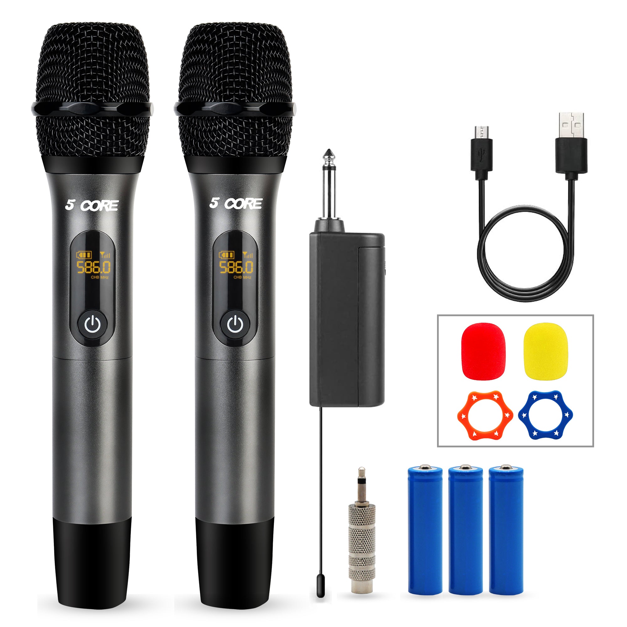 5 Core Wireless Microphones 210ft Range UHF Dual Karaoke Mic Cardioid Pickup Rechargeable Receiver