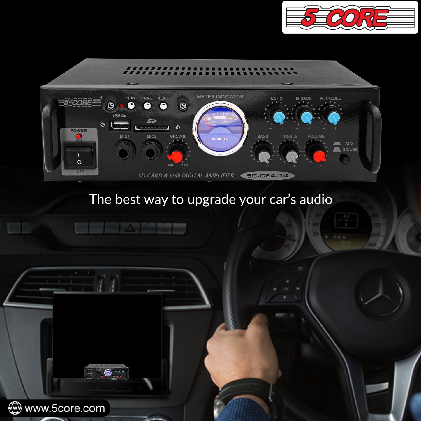 5 Core Car Stereo Amplifier | 300W Dual Channel High Power MOSFET Power Supply | Powerful Speaker Amplifier with EQ Control, 2 Mic, 1 USB, and SD Card Input- CEA 14