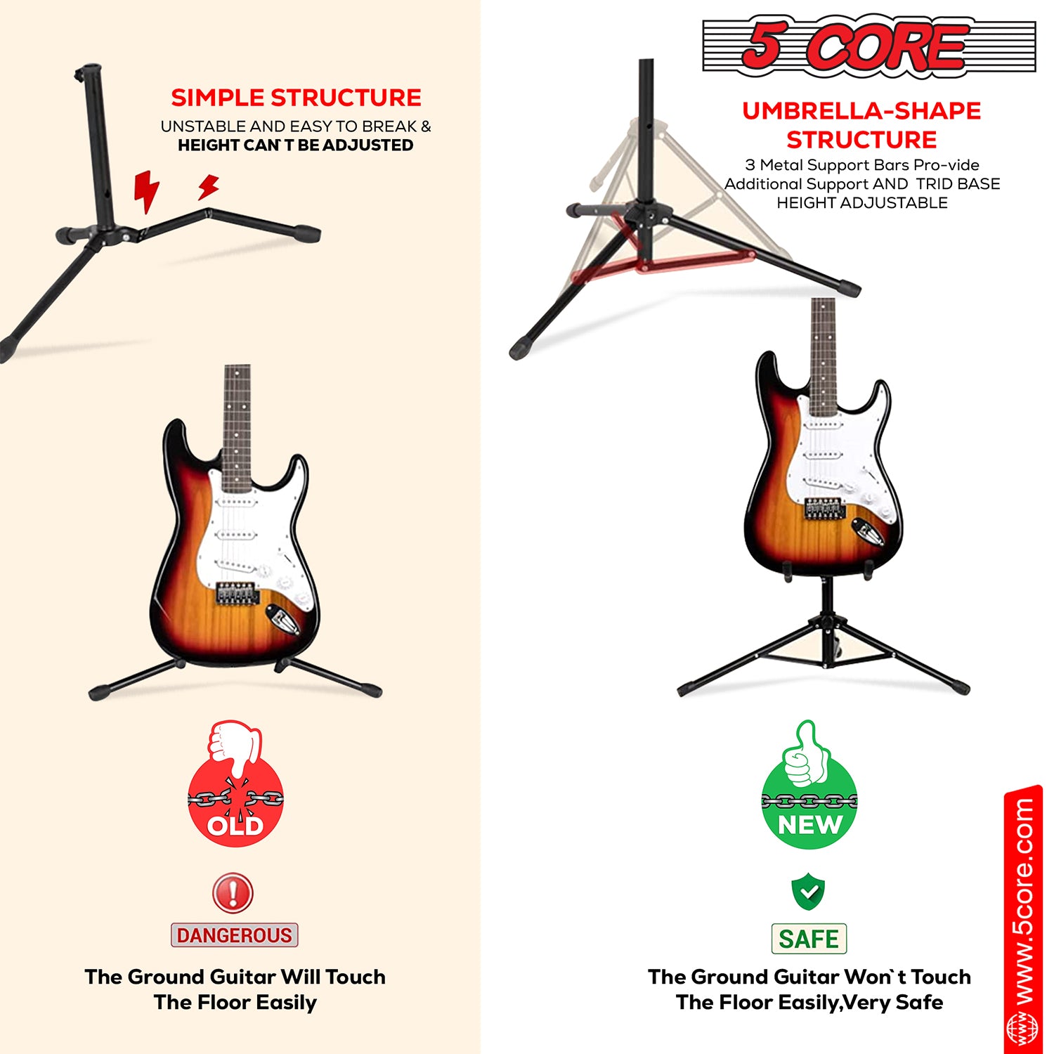 5 Core Guitar Stands Tripod Floor Portable 2 in 1 Adjustable Universal Multiple Guitar Holder