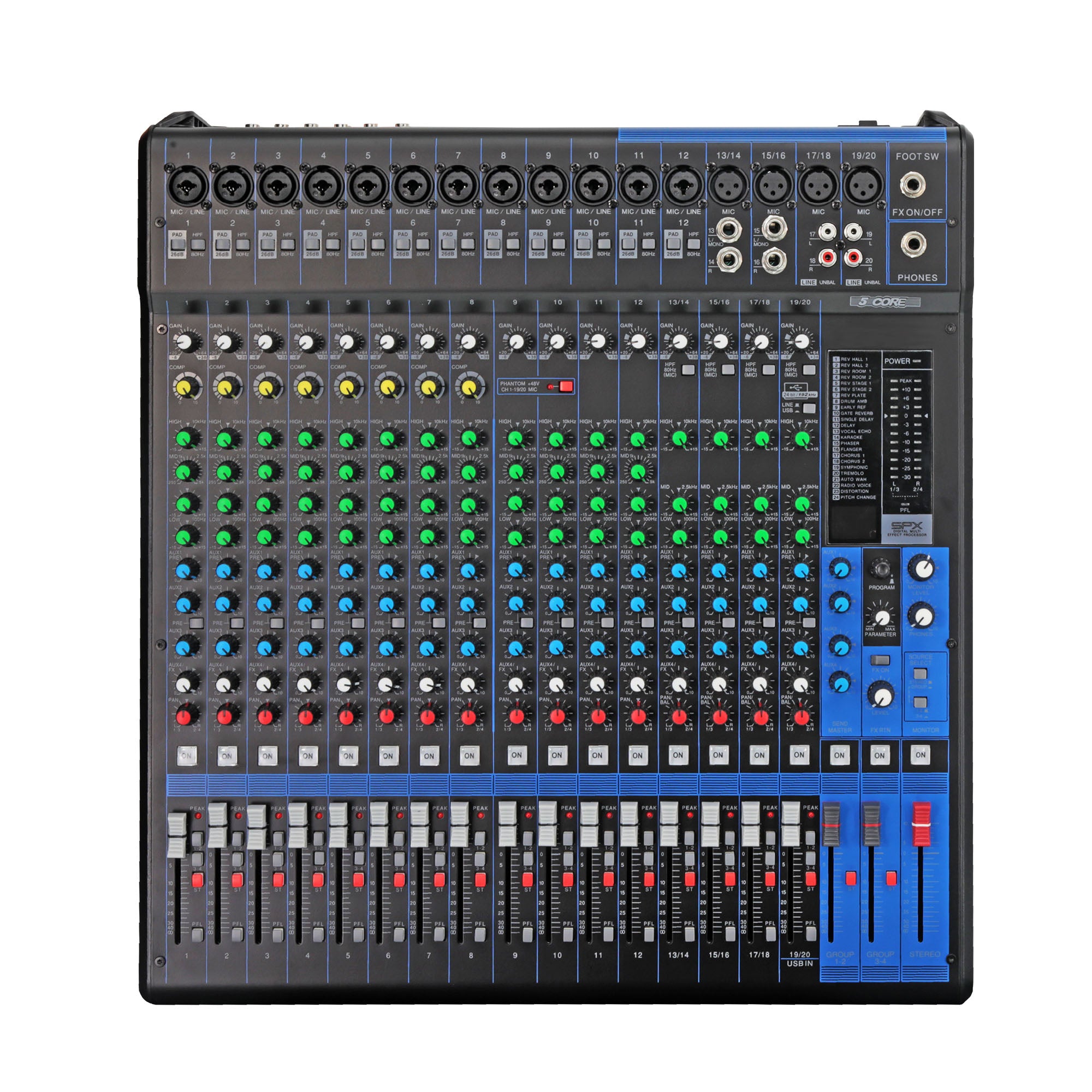 5 Core Audio Mixer DJ Equipment Digital Sound Board Karaoke XLR Mixers Professional 20 Channel 6-Bus USB Interface with Effects for Recording Music Studio PC Podcast Instruments Consola De Sonido Mezcladora De Musica DJ- MX 20CH XU