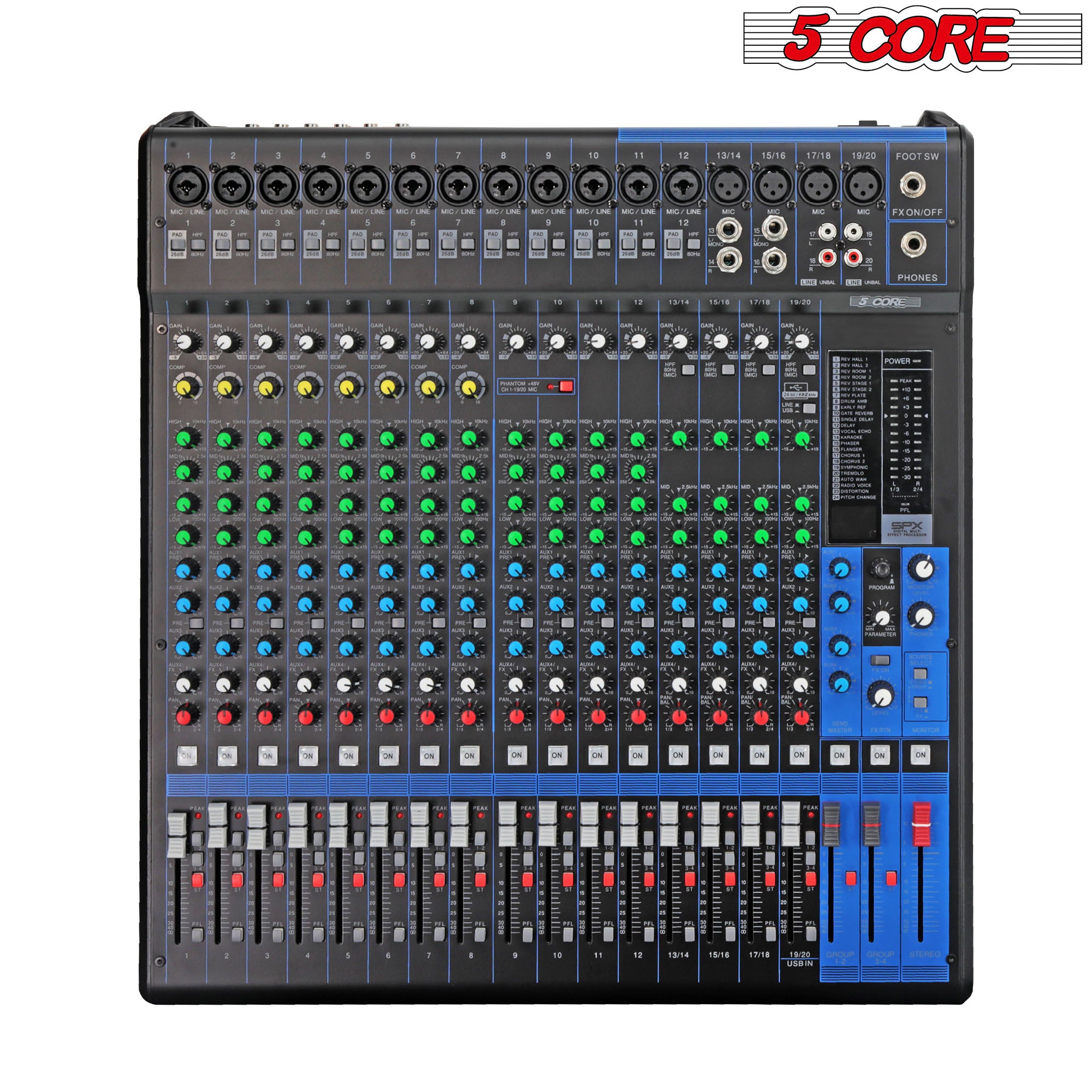 5 Core Audio Mixer DJ Equipment Digital Sound Board Karaoke XLR Mixers Professional 20 Channel 6-Bus USB Interface with Effects for Recording Music Studio PC Podcast Instruments Consola De Sonido Mezcladora De Musica DJ- MX 20CH XU
