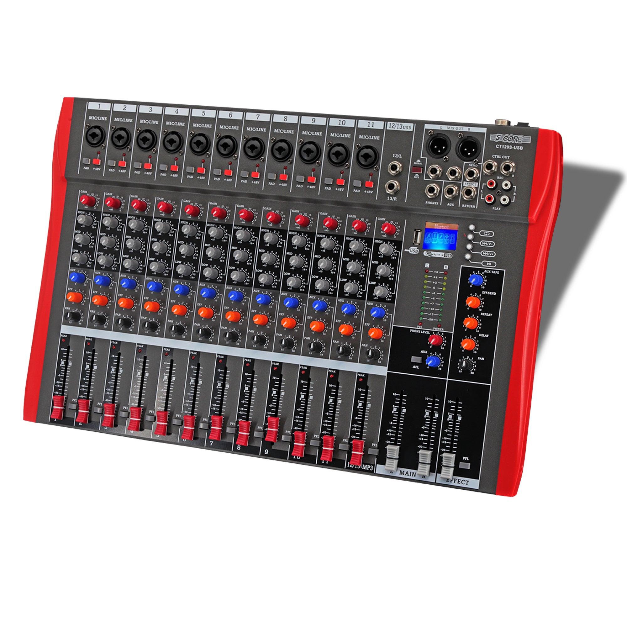 5 Core 12 Channel Audio DJ Mixer Professional XLR Mixers Bluetooth USB w Effects for Recording