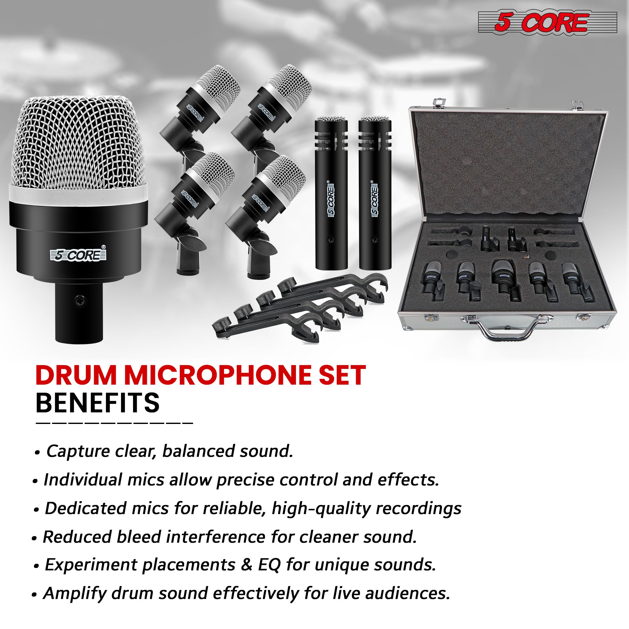 Comprehensive drum microphone kit featuring seven pieces for complete drum coverage.