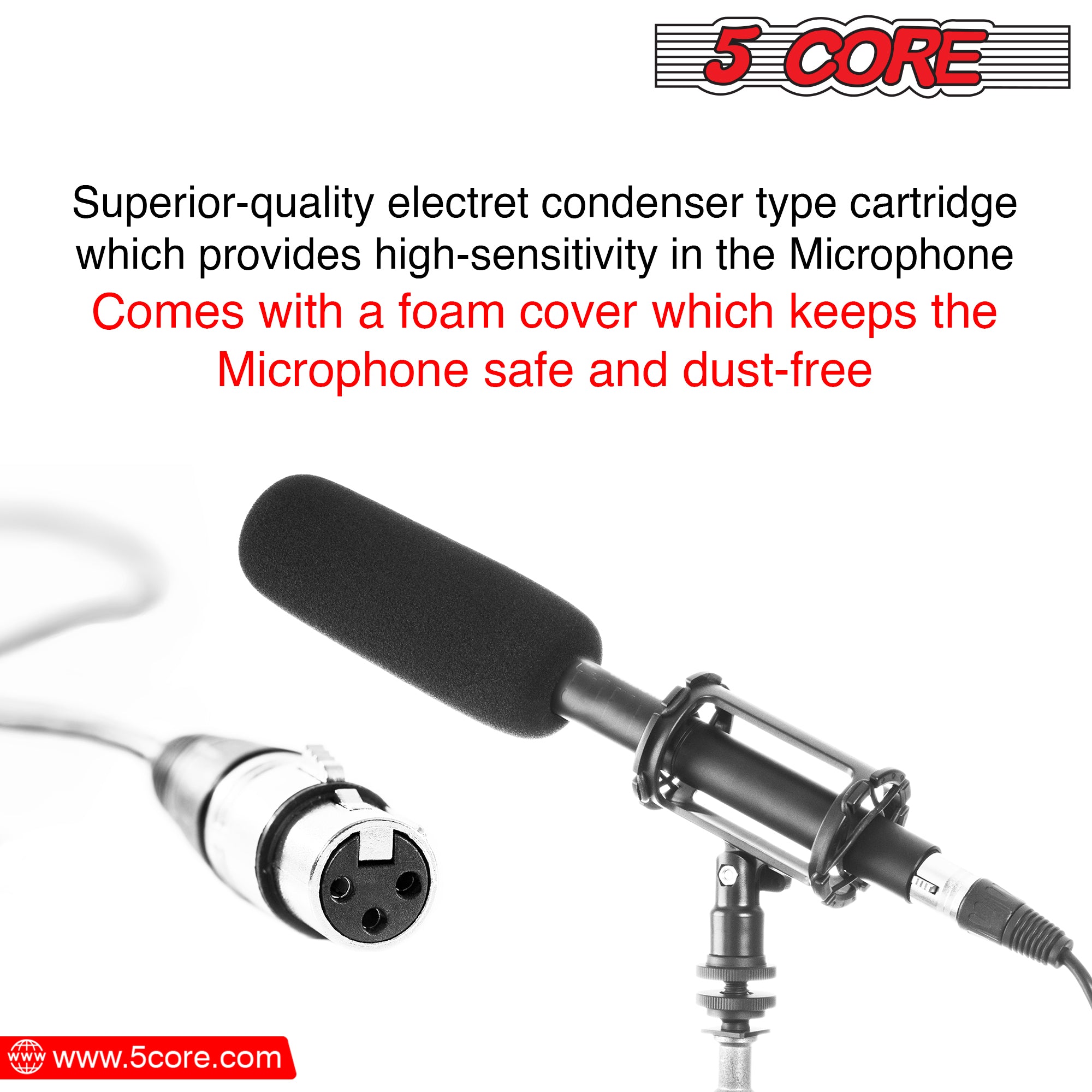 5Core Interview Microphone  Electret Condenser Shotgun Mic w Uni-Directional Pickup XLR Connection
