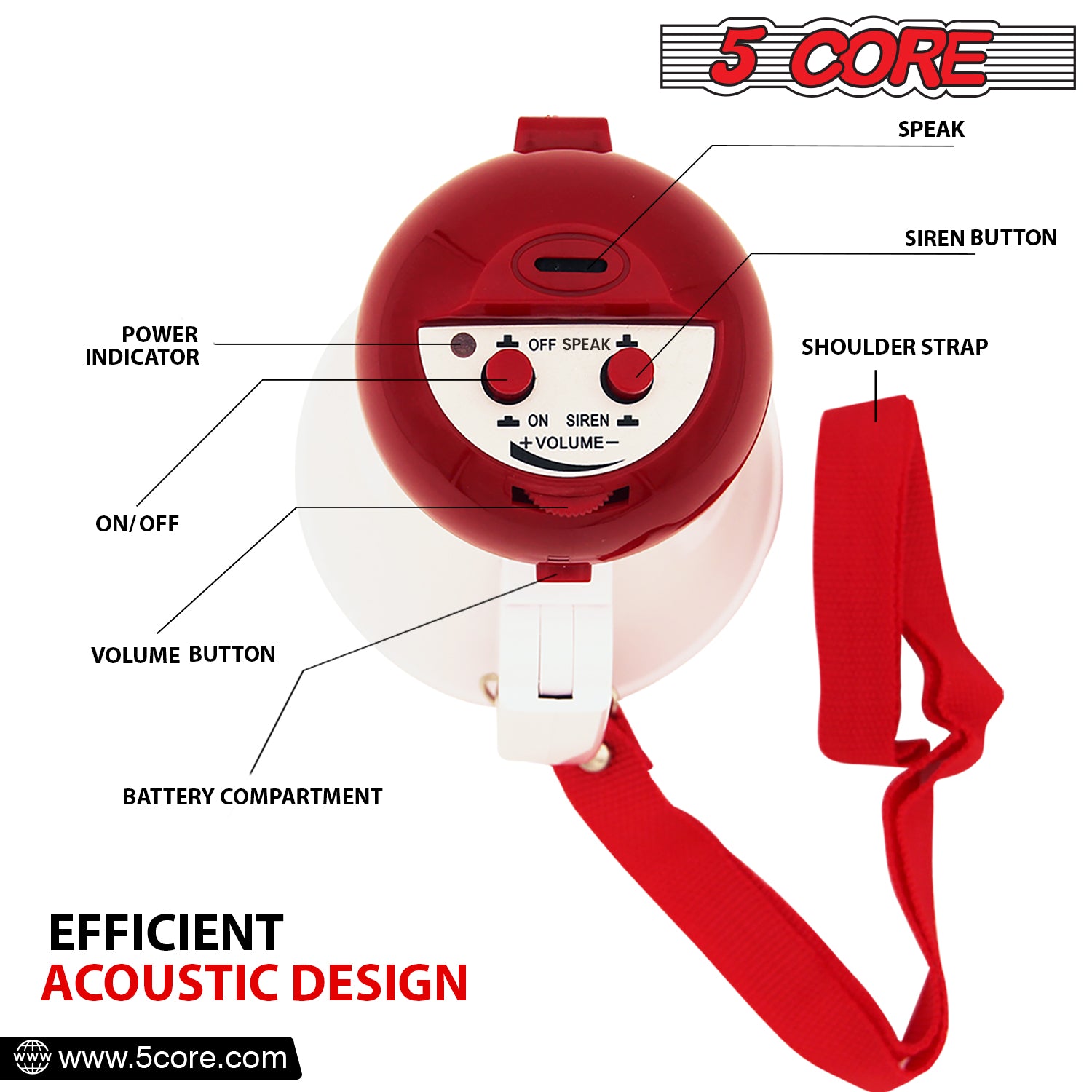 5 Core Megaphone PA Speaker 15W Bull Horn Loud Speaker Portable PA Horn w Volume Control Siren Alarm Noise Maker for Sporting Event Party Crowd Control 400 Yard Range- HW 1
