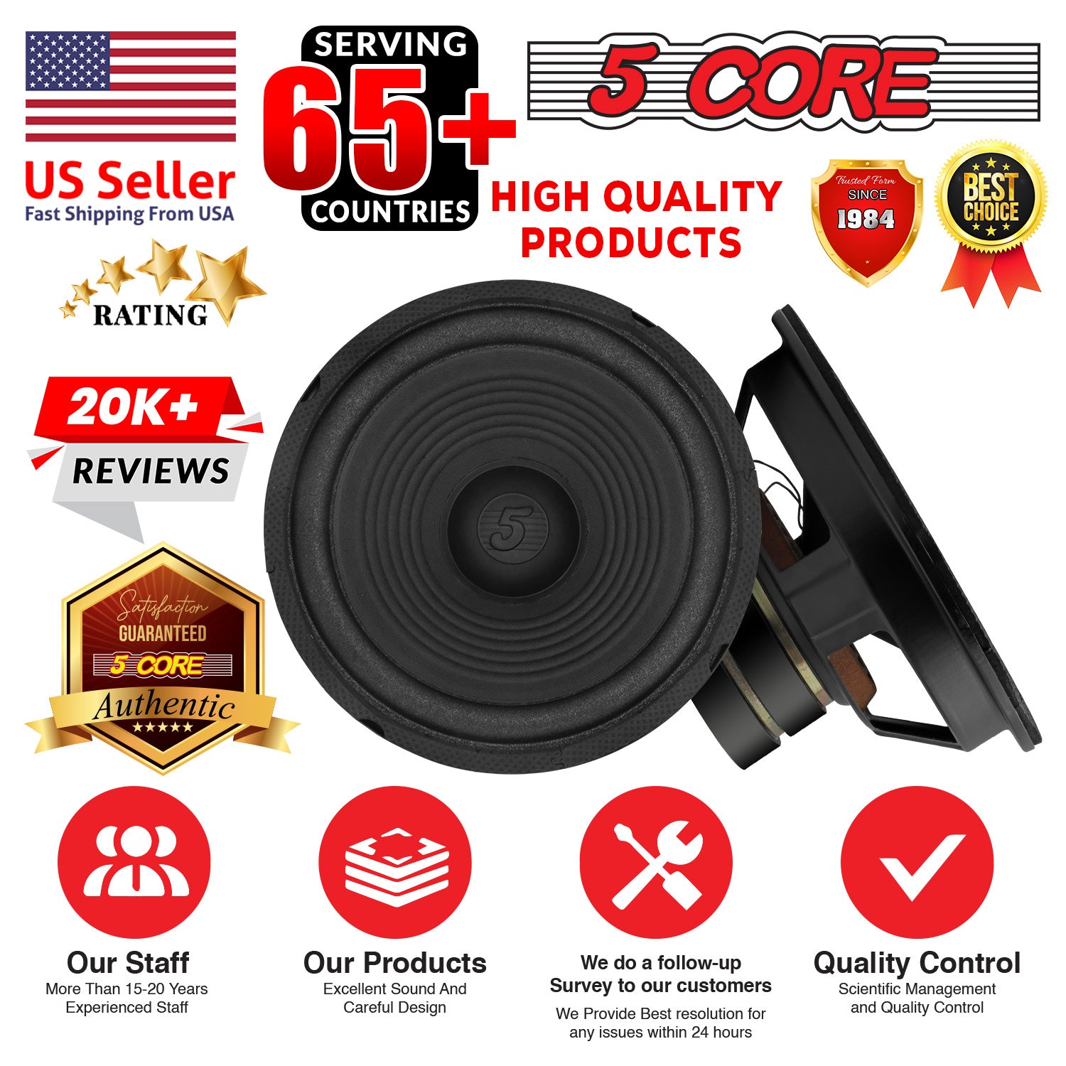 5 Core 8 Inch Subwoofer Car Audio 1000W PMPO 4 Ohm Bass Sub Woofer Replacement Speaker w 1" Voice Coil