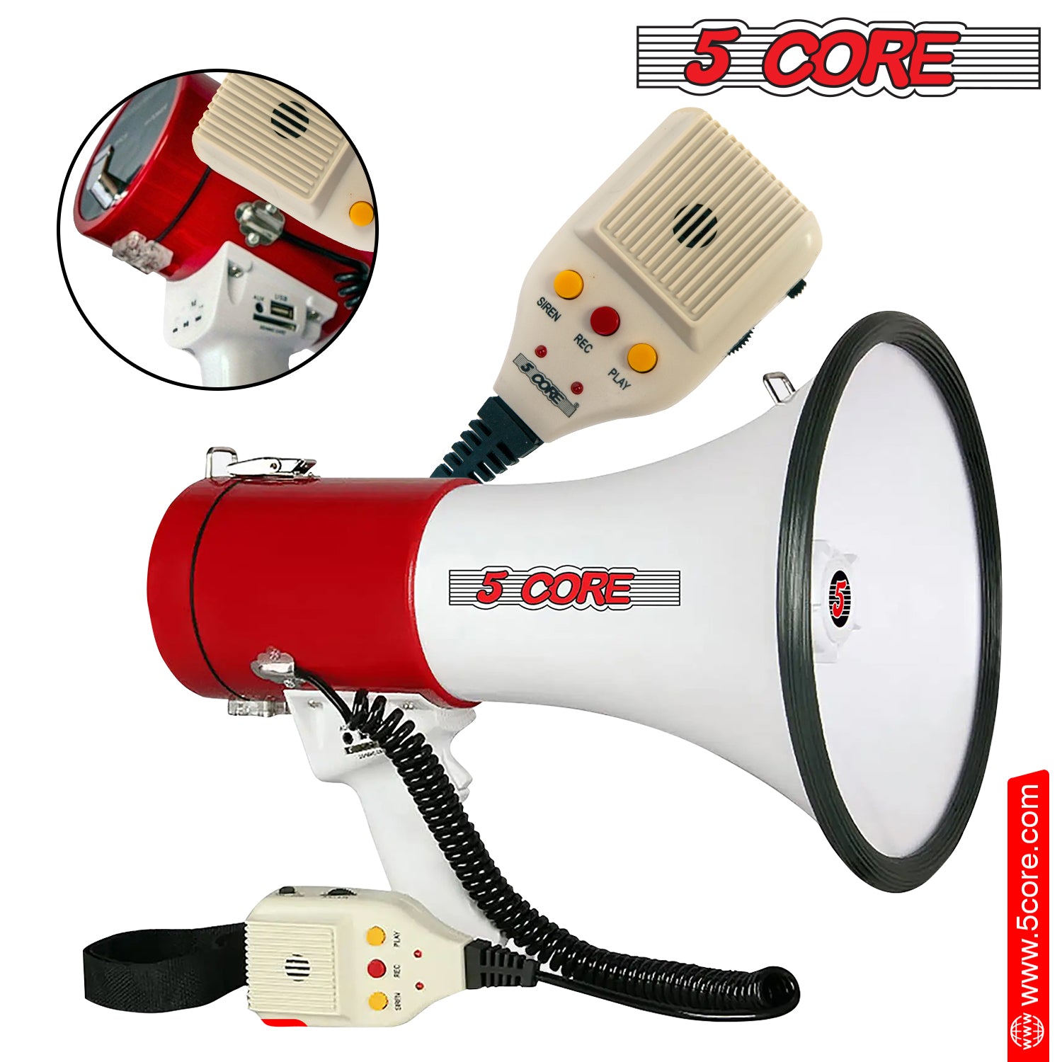 5 Core High Power Megaphone 50W Loud Siren Noise Maker Professional Bullhorn Speaker PA System w Recording USB SD Card Adjustable Volume -66SF