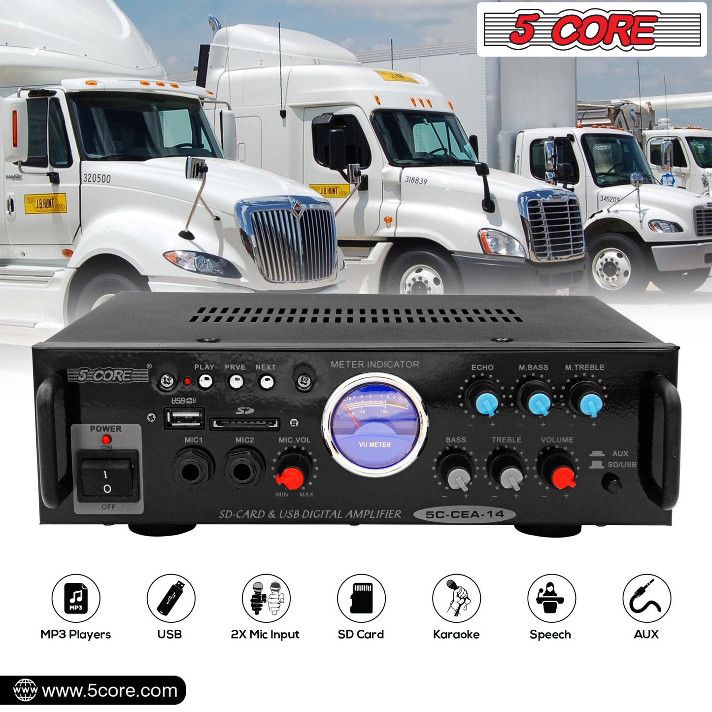 5 Core Car Stereo Amplifier | 300W Dual Channel High Power MOSFET Power Supply | Powerful Speaker Amplifier with EQ Control, 2 Mic, 1 USB, and SD Card Input- CEA 14