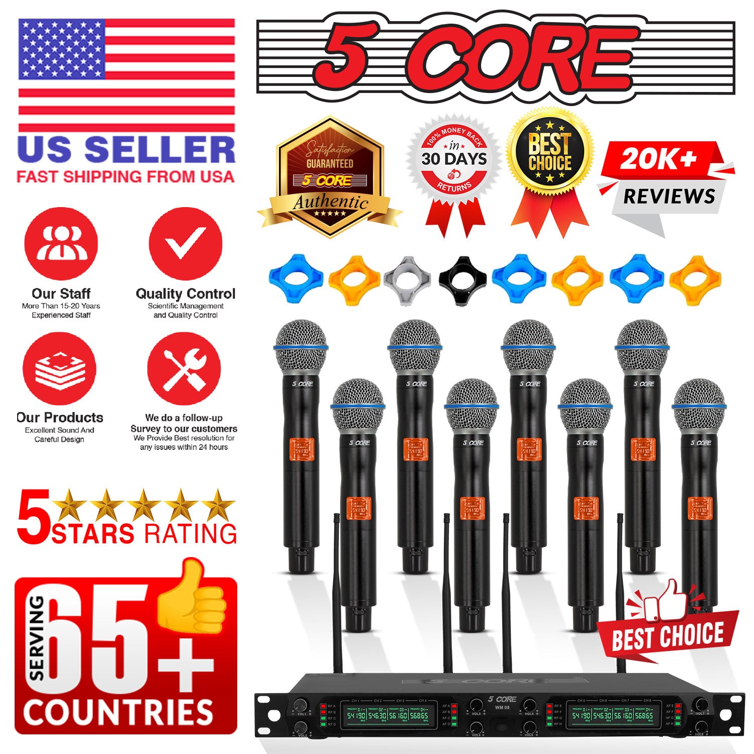 Professional Grade 5 Core Wireless System: 8 UHF Channels with Diverse Cordless Dynamic Microphones for Clear Audio Pickup.