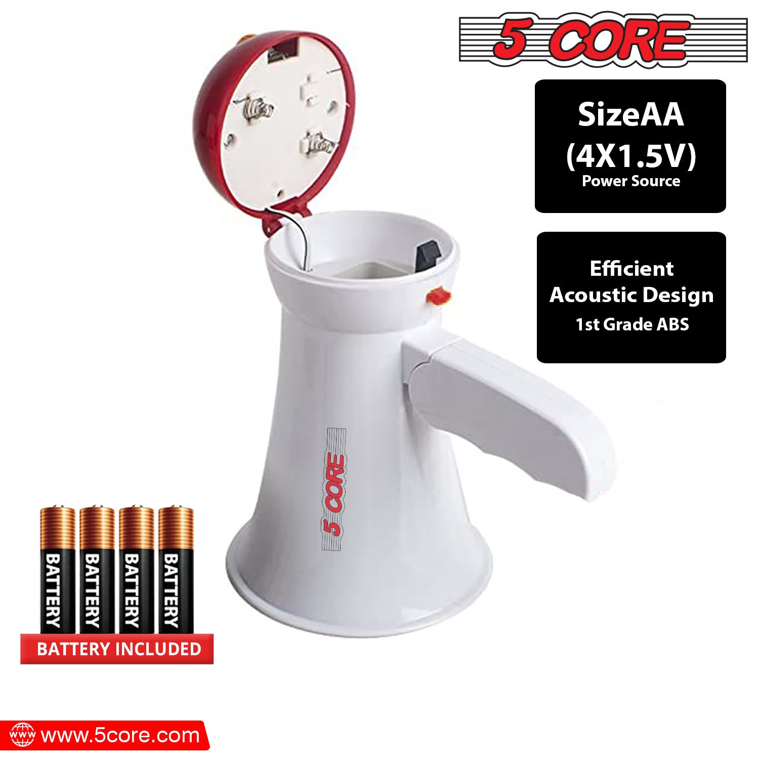 5 Core Megaphone PA Speaker 15W Bull Horn Loud Speaker Portable PA Horn w Volume Control Siren Alarm Noise Maker for Sporting Event Party Crowd Control 400 Yard Range Includes Battery - HW 1 BTRY