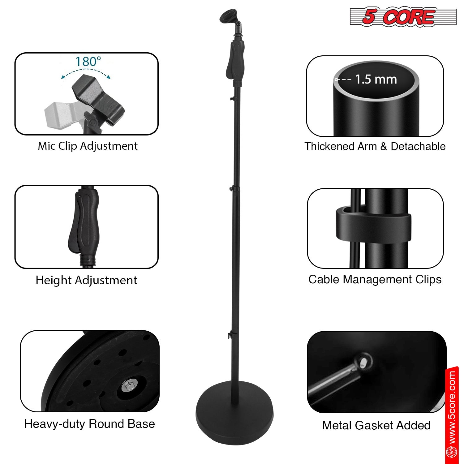 5Core Universal Microphone Stand Height Adjustable 35 to 57" Round Base Floor Mic Holder Metal Build