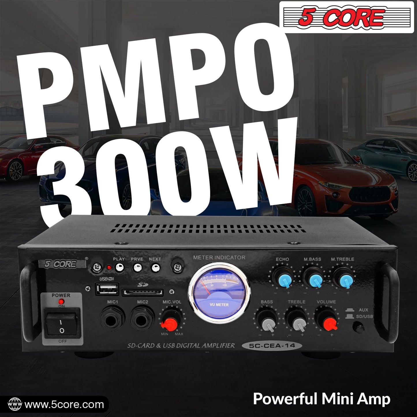 5 Core Car Stereo Amplifier | 300W Dual Channel High Power MOSFET Power Supply | Powerful Speaker Amplifier with EQ Control, 2 Mic, 1 USB, and SD Card Input- CEA 14