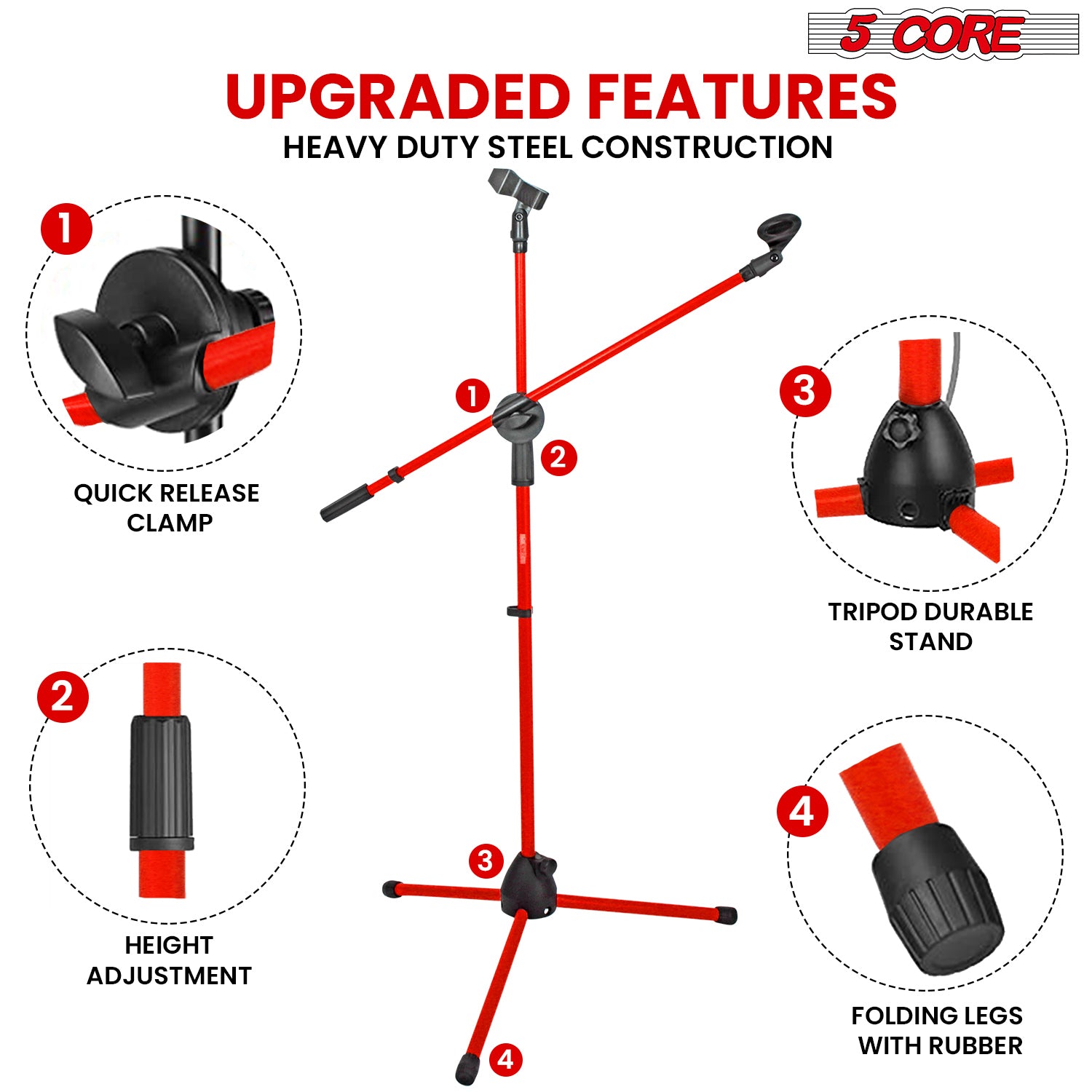 5Core Tripod Mic Stand Height Adjustable Universal Microphone Mount Floor Stands w Boom Red 1/2/4 Pc