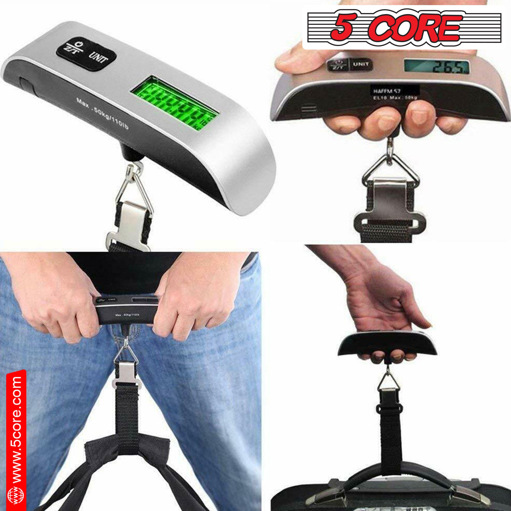 5 Core Luggage Scale 110 Pounds Digital Hanging Weight Scale w Backlight Rubber Paint Handle Battery Included- LSS-004