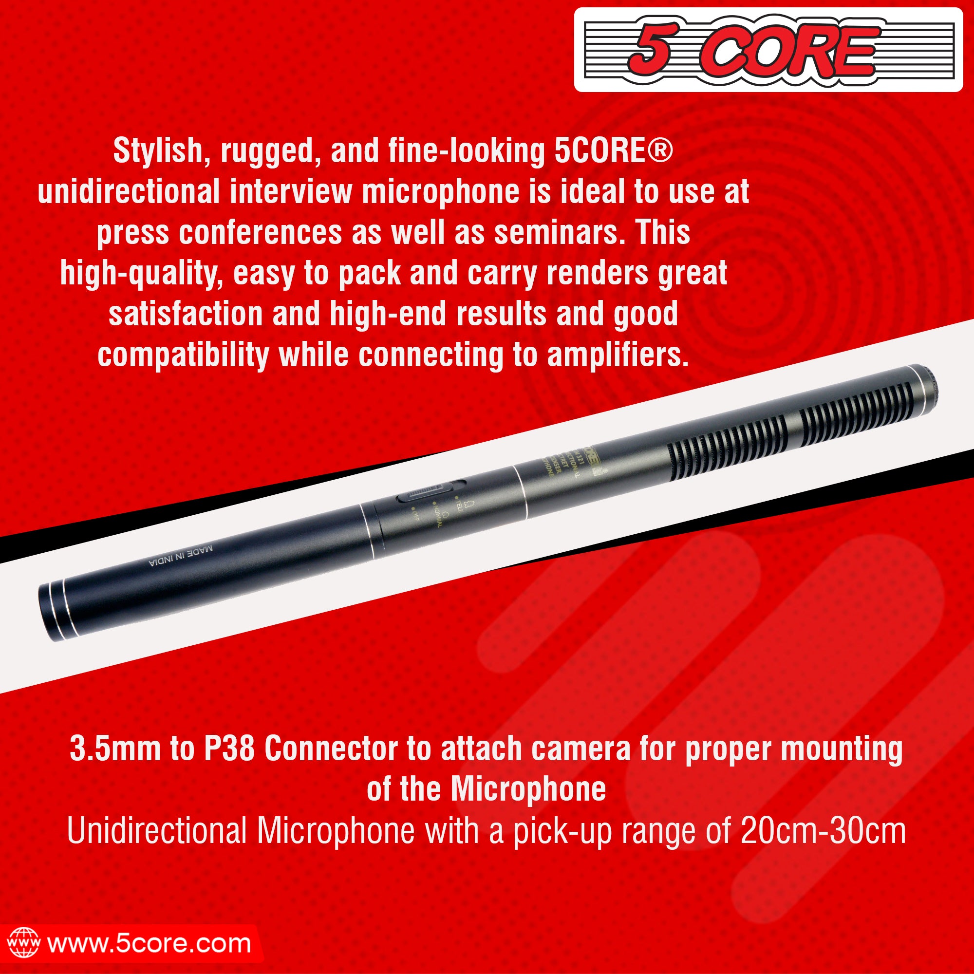 5Core Interview Microphone  Electret Condenser Shotgun Mic w Uni-Directional Pickup XLR Connection