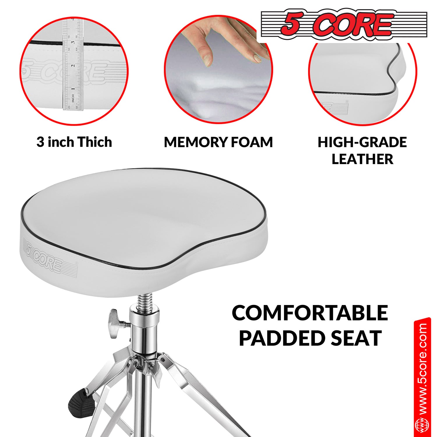 5 Core Drum Throne With Saddle Guitar Stool Thick Padded Drummers Chair Seat Chrome Wh Hd