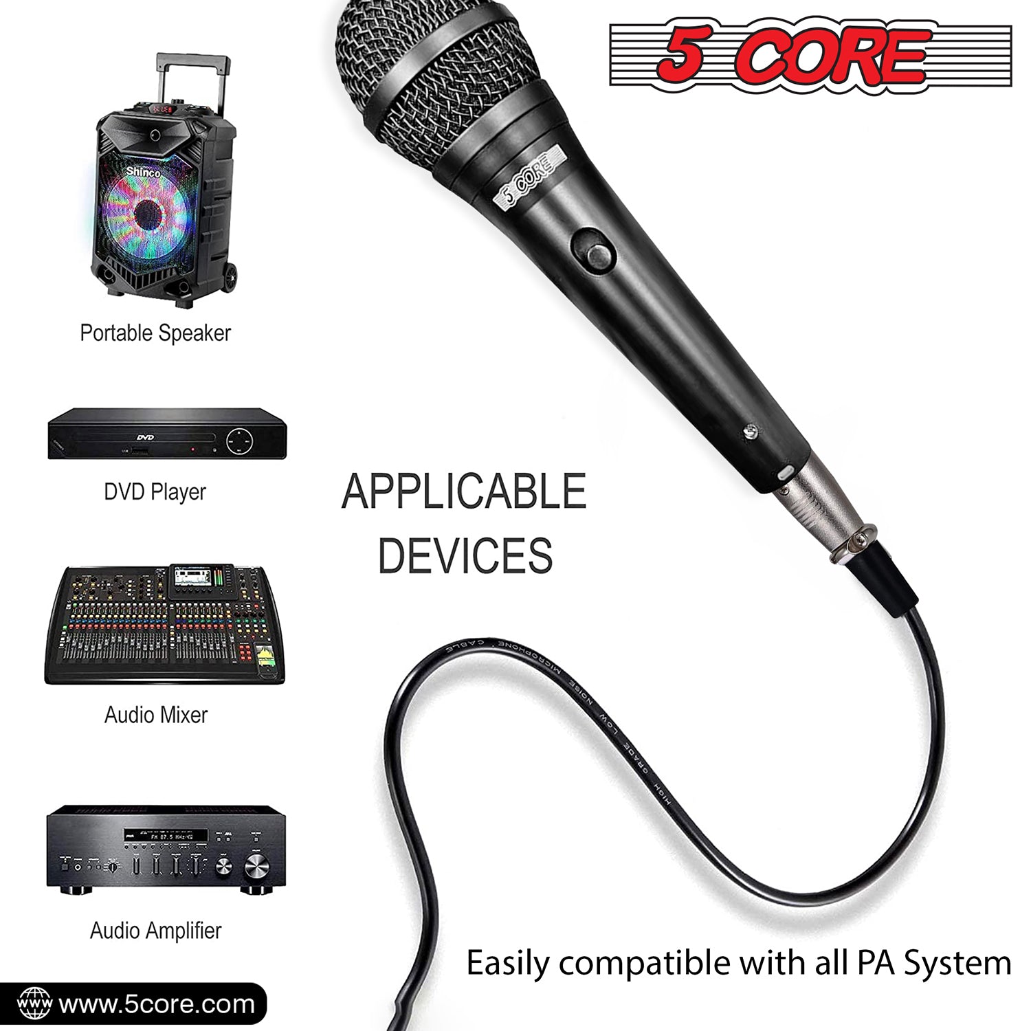 5Core Handheld Dynamic Microphone & Low Profile Tripod Metal Stand Set  w 2 Wired Mic  XLR Cable