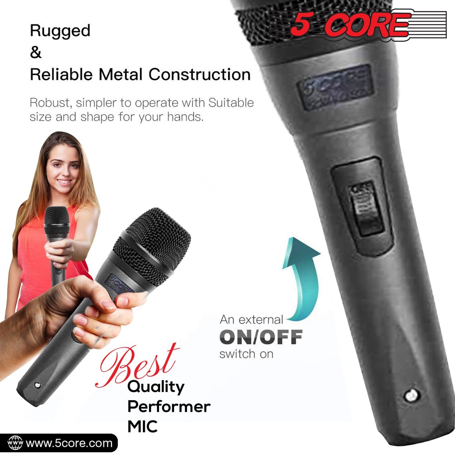 5 Core Professional Dynamic Vocal Microphone - Unidirectional Handheld Mic XLR Karaoke Microphone with ON/OFF Switch Includes 16ft XLR Audio Cable to 1/4'' Audio Jack Included - ND-32 ARMEX
