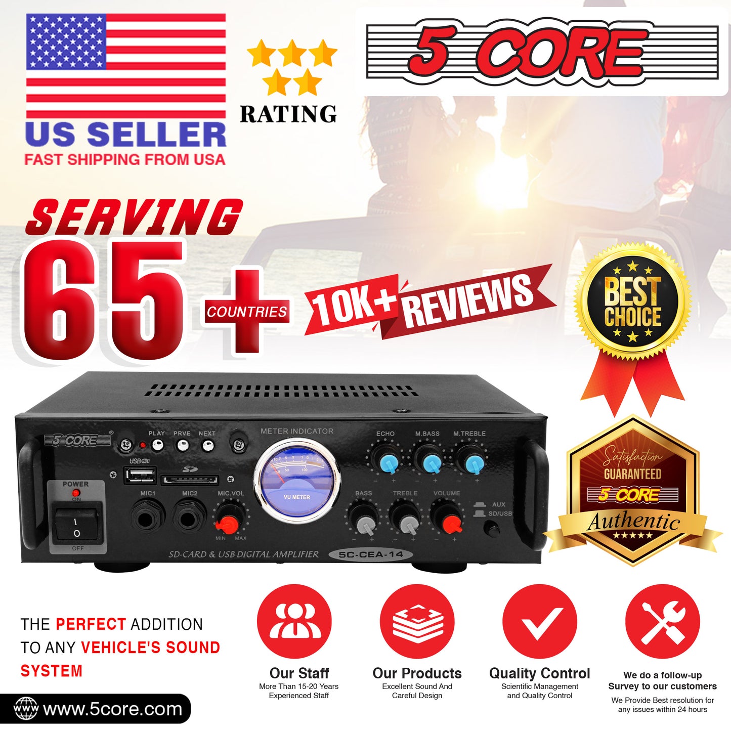5 Core Car Stereo Amplifier | 300W Dual Channel High Power MOSFET Power Supply | Powerful Speaker Amplifier with EQ Control, 2 Mic, 1 USB, and SD Card Input- CEA 14