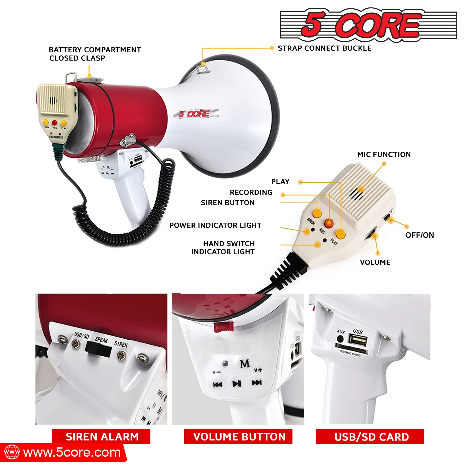 5 Core High Power Megaphone 60W Loud Siren Noise Maker Professional Bullhorn Speaker Rechargeable PA System w Recording USB SD Card -77SF WB