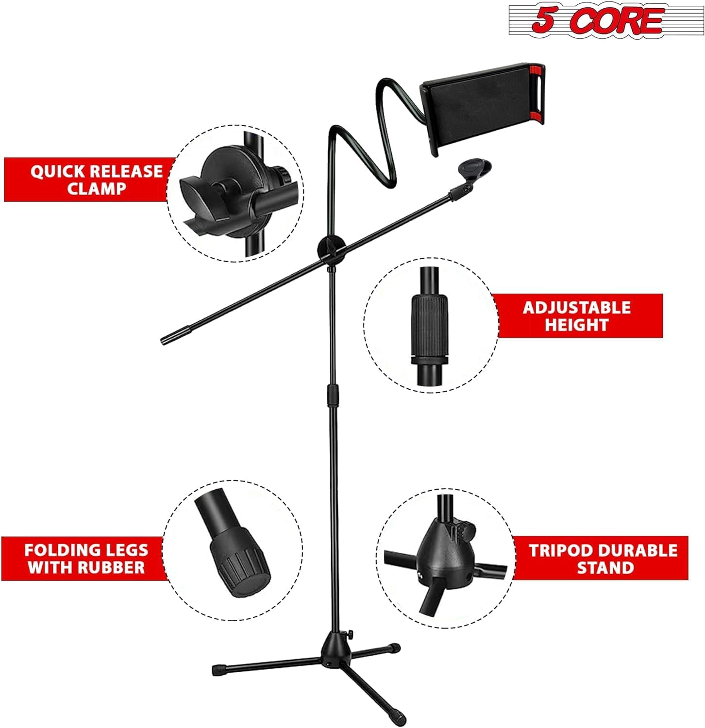 5 Core Microphone Stand + Phone Holder Floor Boom Mic Stand Gooseneck + Tablet Holder Collapsible Adjustable Tripod Mic Stand w Two Mic Clips + Carry Bag for Singing Karaoke Studio Parties -MS MOB
