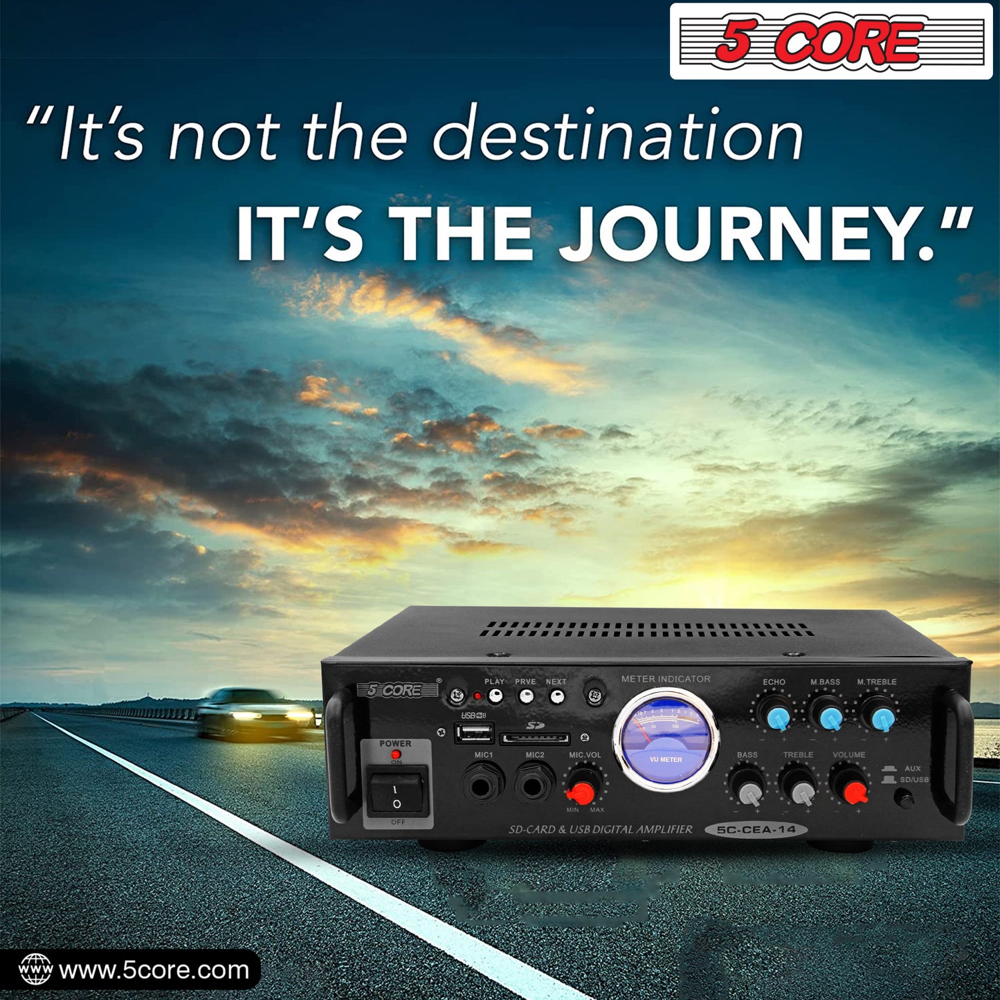 5 Core Car Stereo Amplifier | 300W Dual Channel High Power MOSFET Power Supply | Powerful Speaker Amplifier with EQ Control, 2 Mic, 1 USB, and SD Card Input- CEA 14