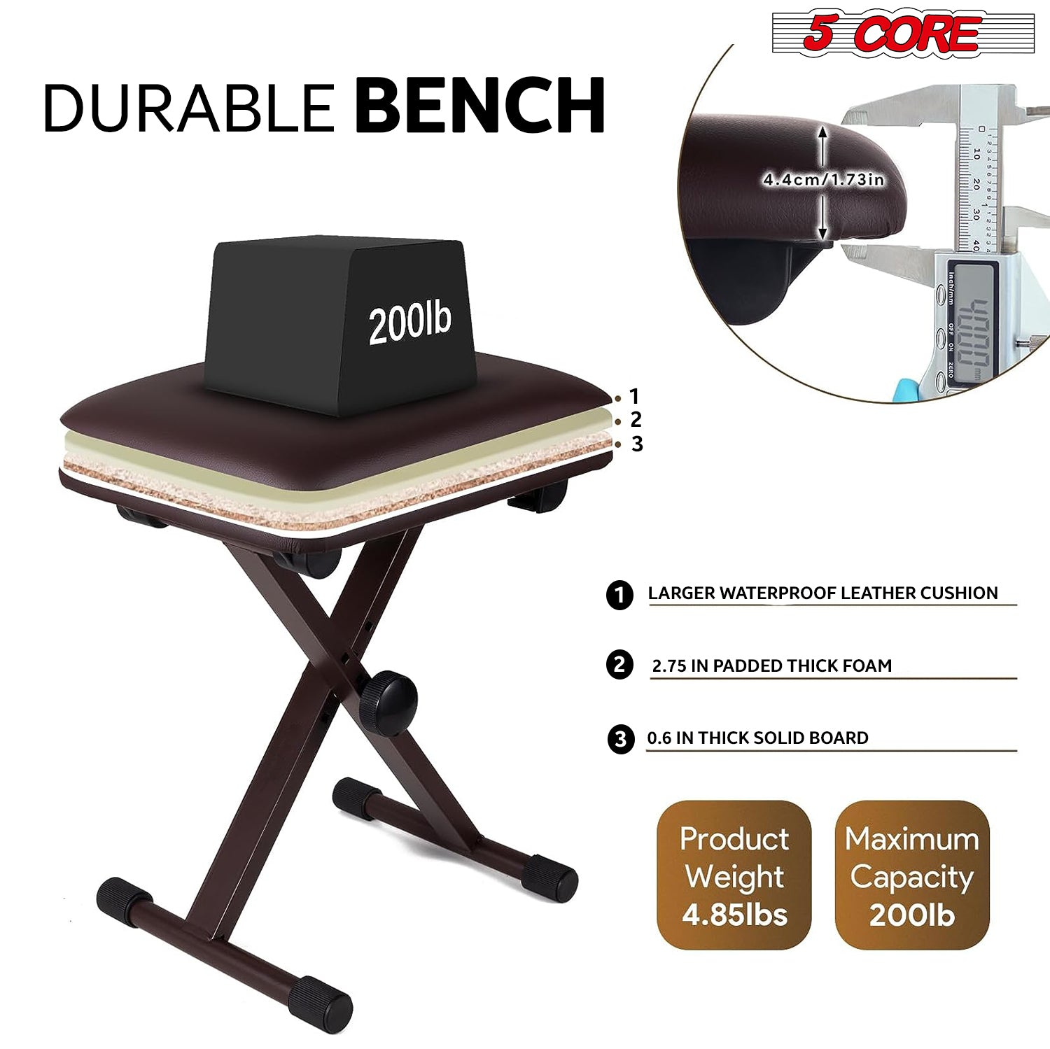 5Core Keyboard Bench X Style Piano Stool Height Adjustable 16.3–19.6" w Comfortable Padded Seat