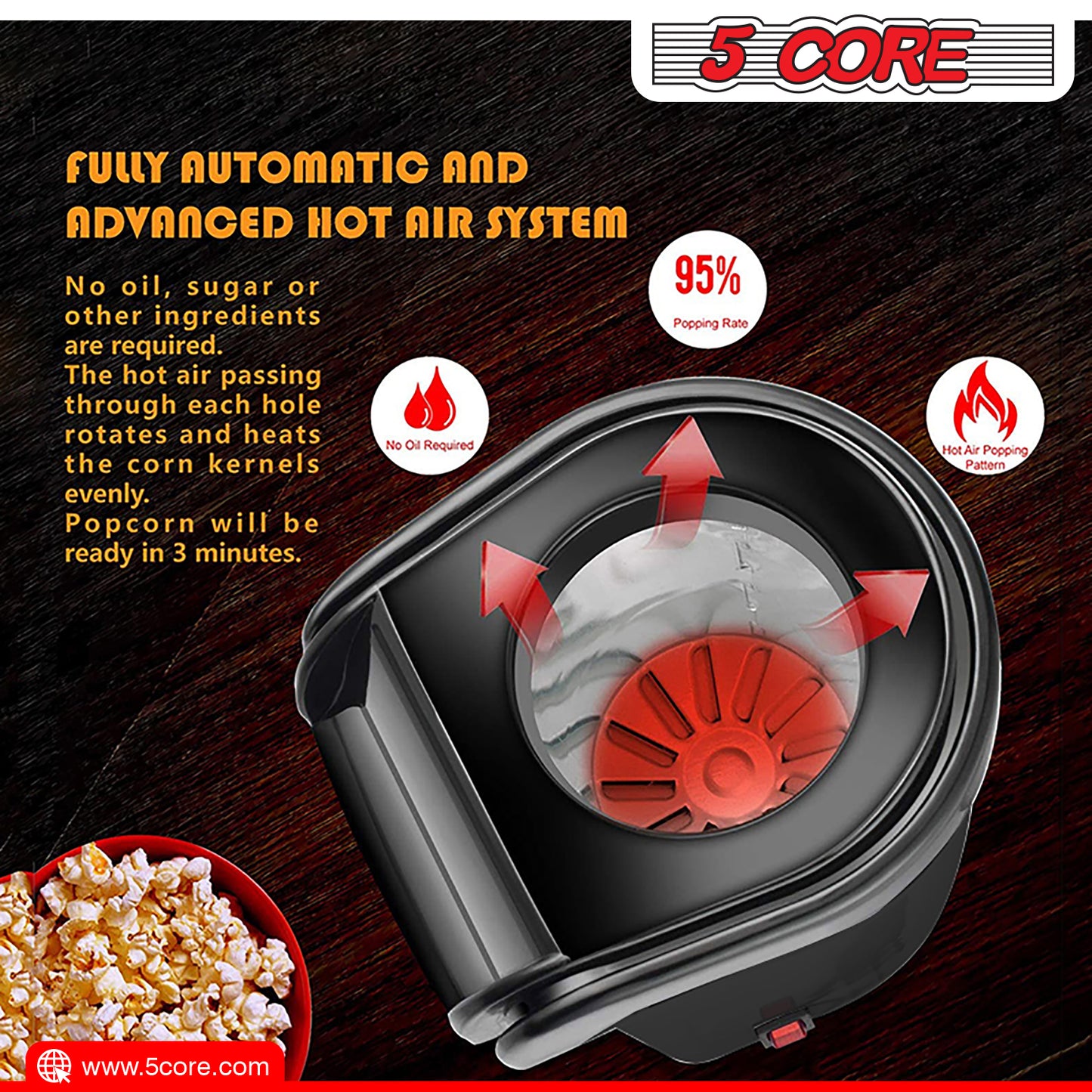 5 Core Popcorn Machine Hot Air Electric Popper Kernel Corn Maker Bpa Free No Oil POP B