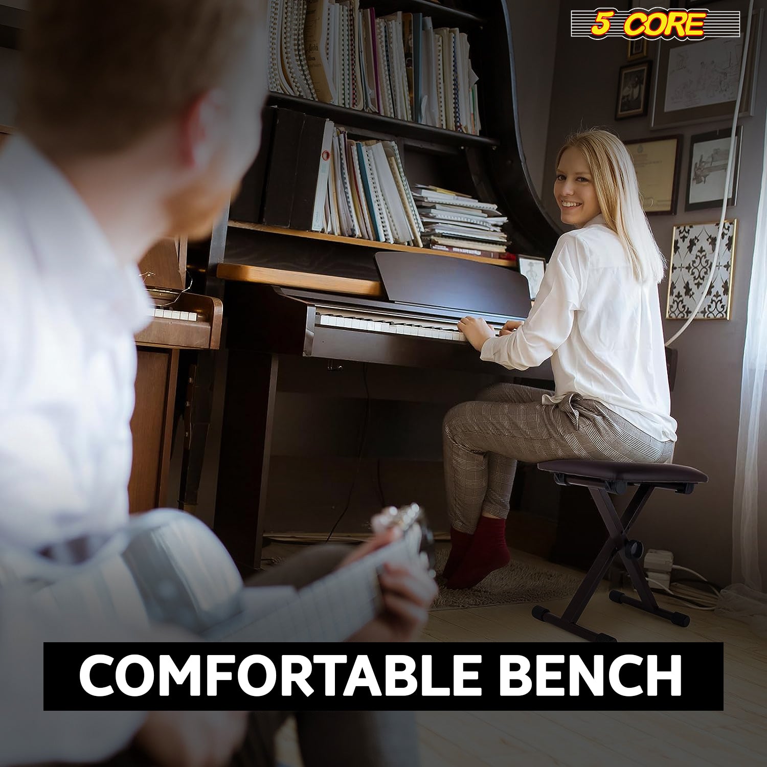 5Core Keyboard Bench X Style Piano Stool Height Adjustable 16.3–19.6" w Comfortable Padded Seat