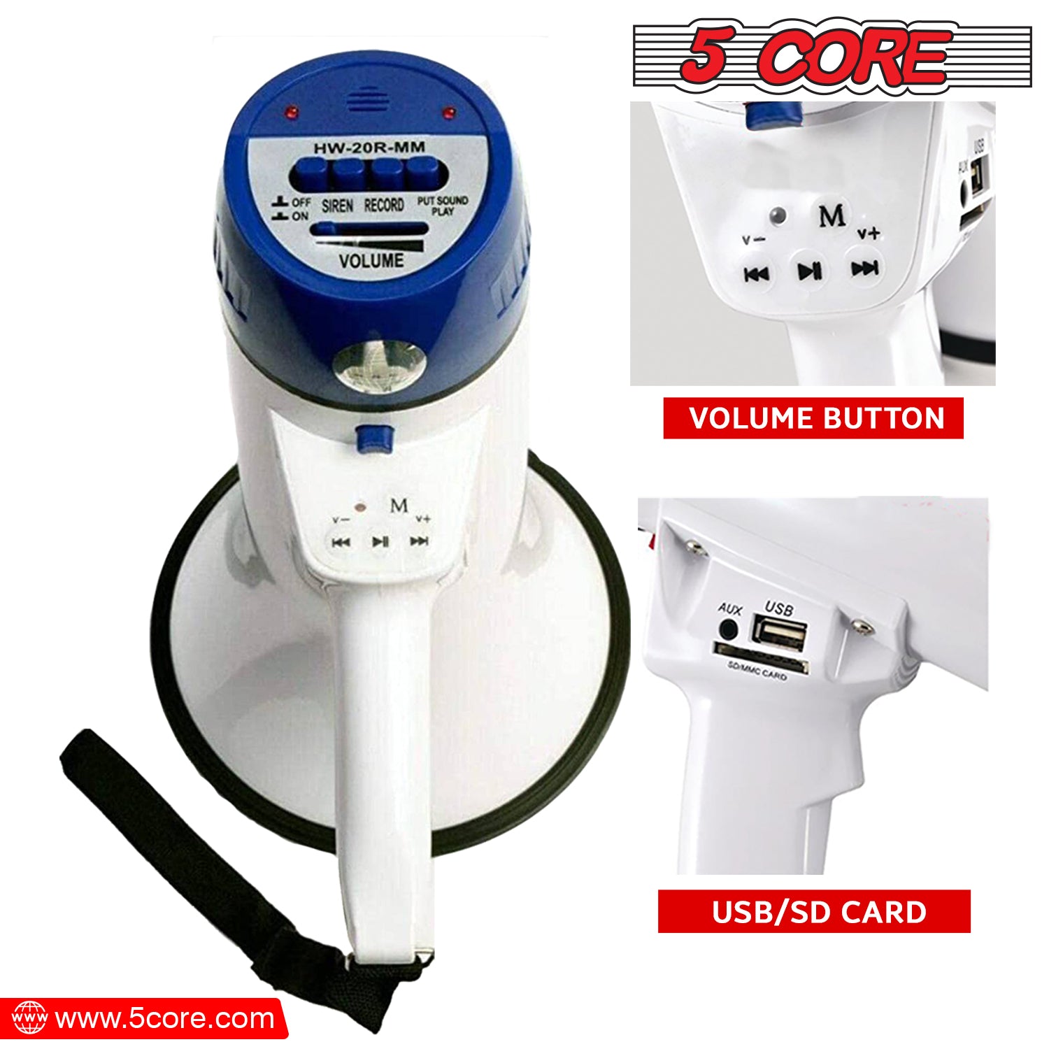 5 Core Megaphone PA Speaker 20W Bull Horn Loud Speaker Portable PA Horn w Recording Volume Control Blow Horn Siren Cheer Noise Maker -20R WoB