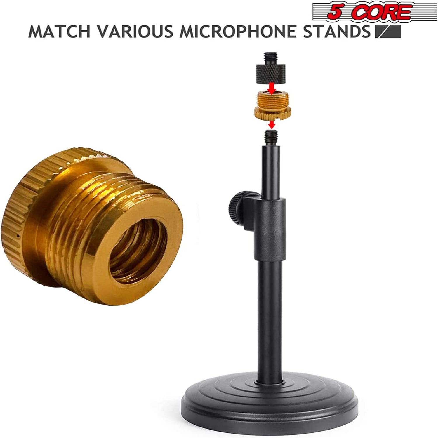 5 Core Mic Stand Adapter 5/8 Male to 3/8 Female Screw Adapter w Knurled Surface Gold Color 2/4/12 Pc