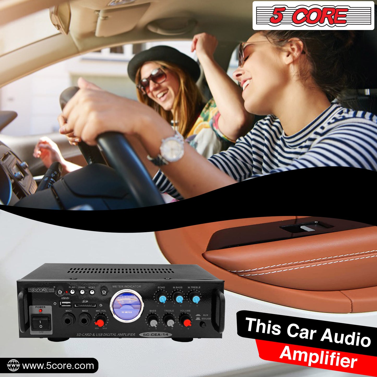 5 Core Car Stereo Amplifier | 300W Dual Channel High Power MOSFET Power Supply | Powerful Speaker Amplifier with EQ Control, 2 Mic, 1 USB, and SD Card Input- CEA 14