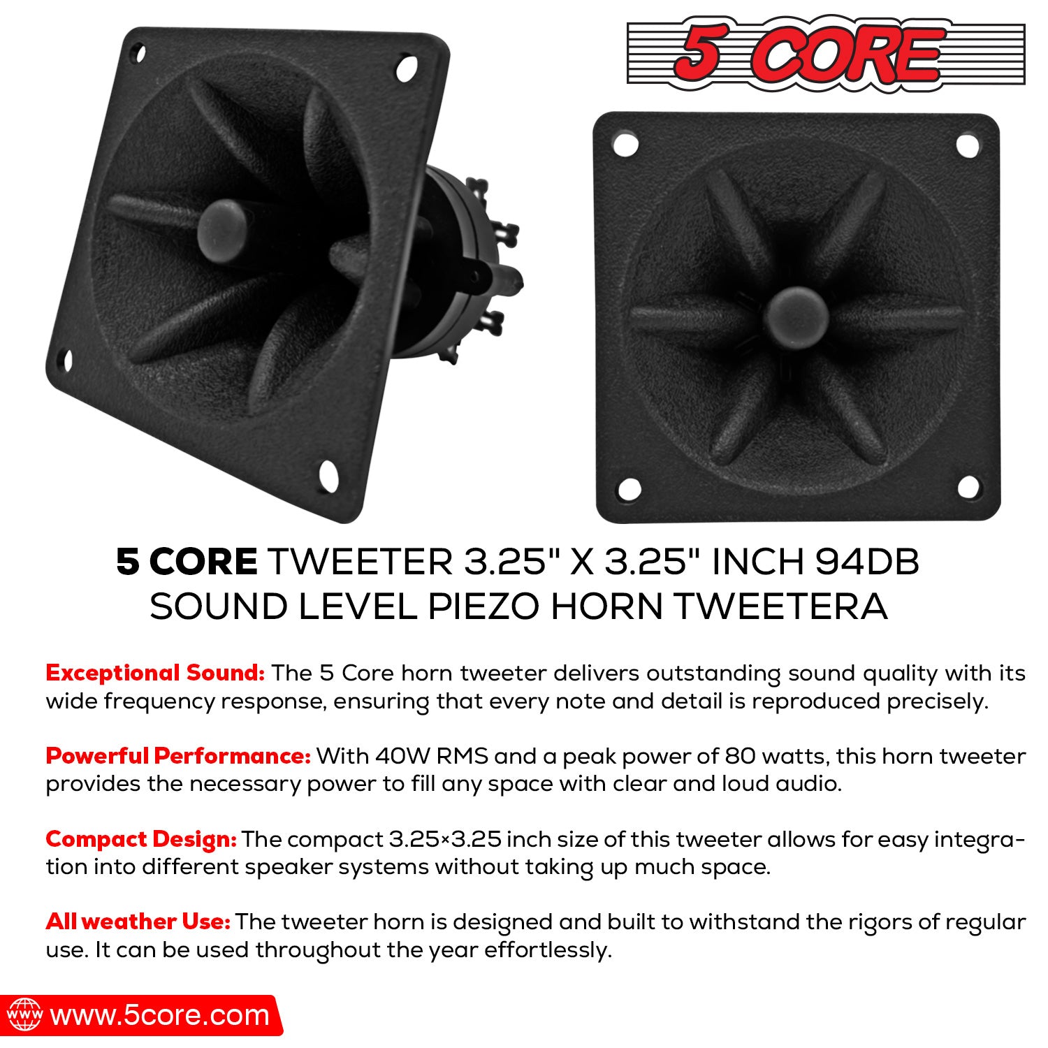 5Core Tweeter 3.25" x 3.25" 40W Component Square Driver Replacement Piezo Super Horn 1/4/8/12 Pc