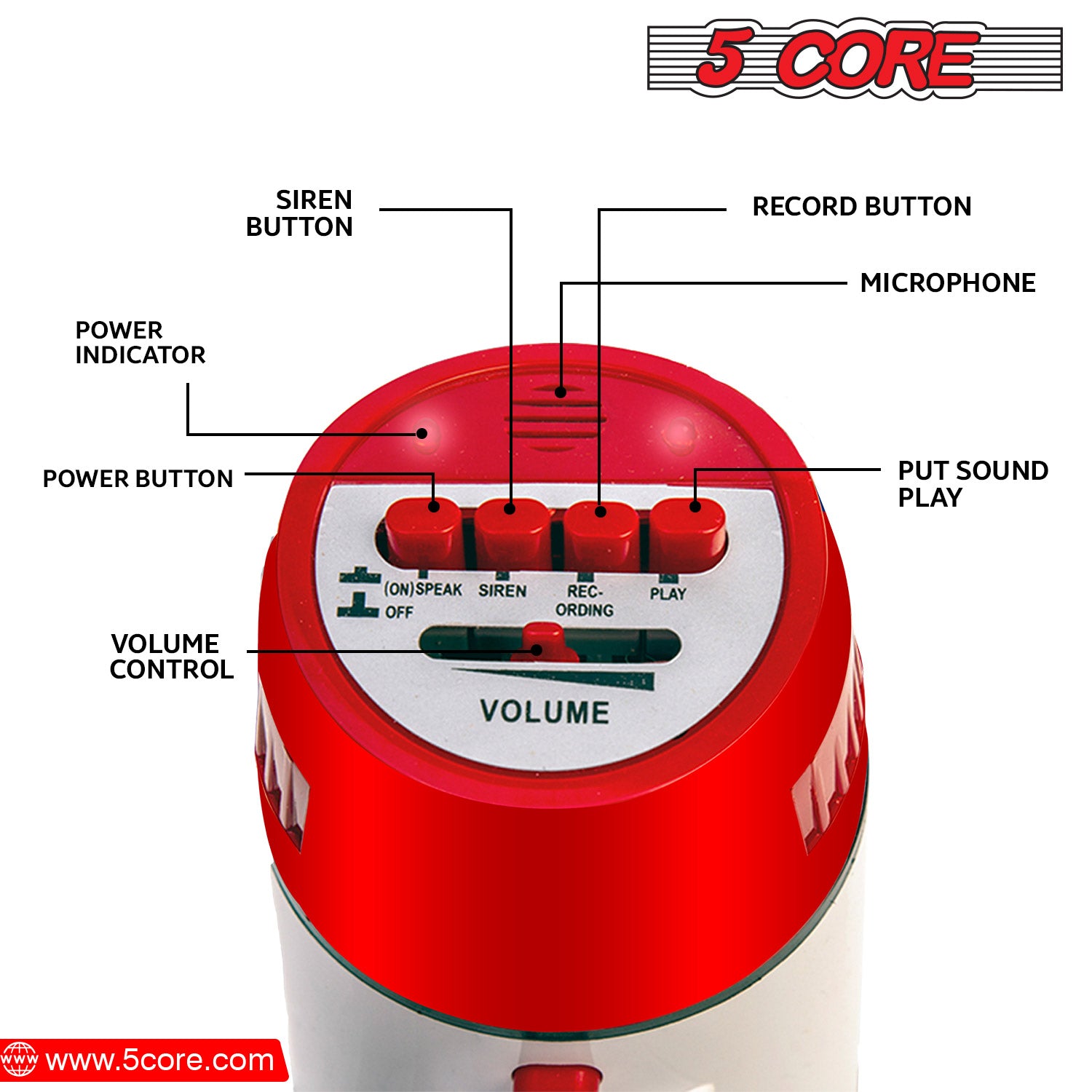 5 Core Megaphone PA Speaker 30W Bull Horn Loud Speaker 800 Yards Range Portable PA Horn w Recording Volume Control Siren Noise Maker -6R