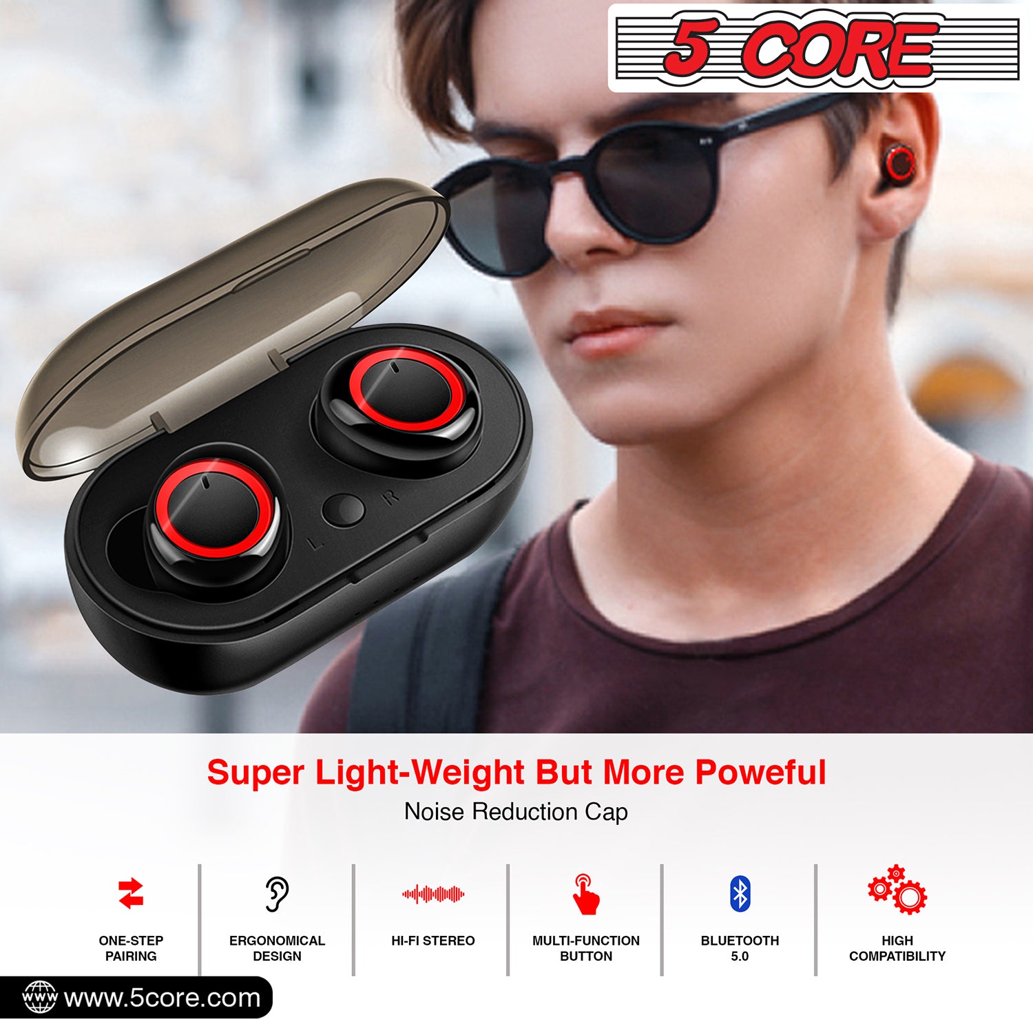 5 Core Wireless Ear Buds  Mini Bluetooth Noise Cancelling Earbud Headphones 32 Hours Playtime IPX8