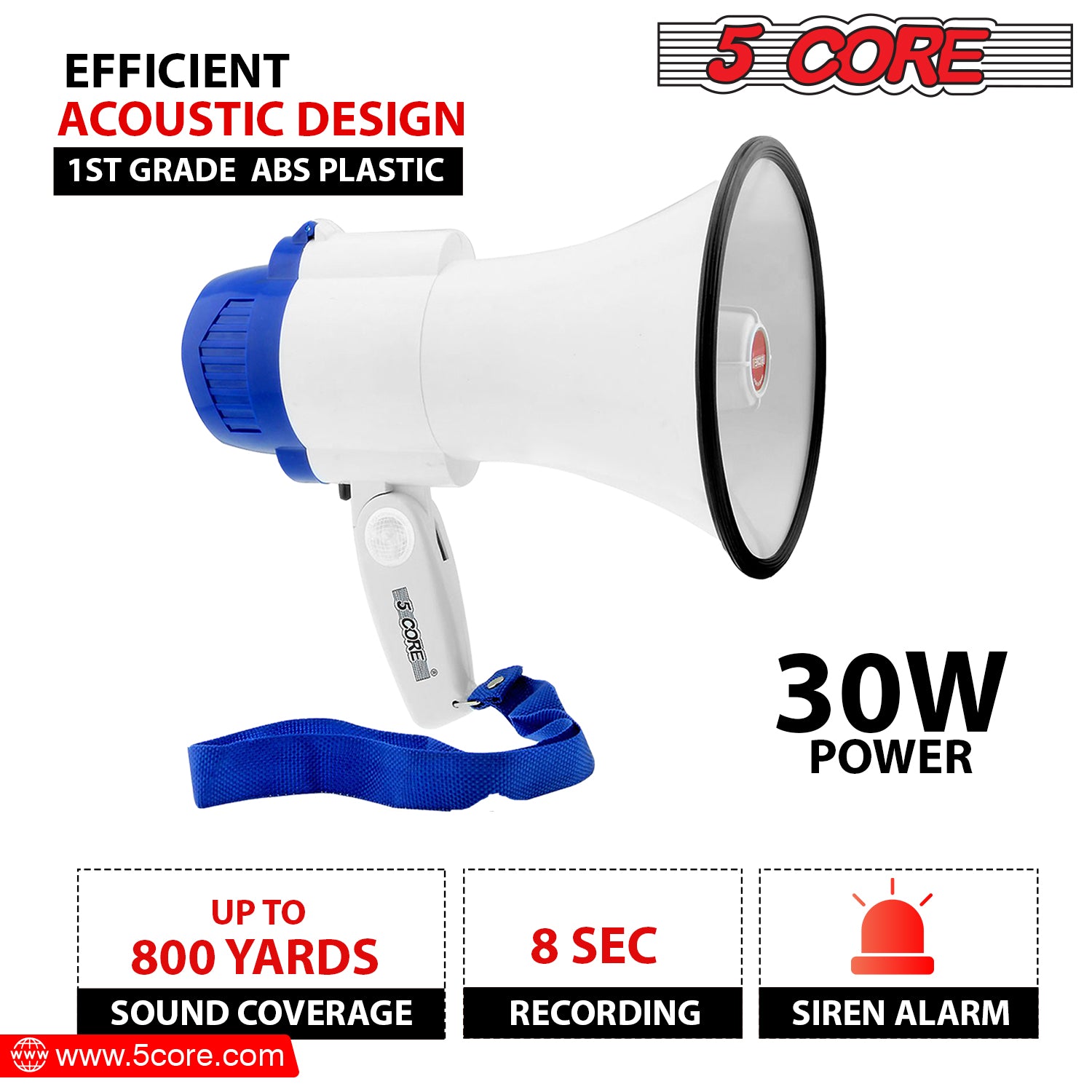 5 Core Megaphone PA Speaker 35W Bull Horn Loud Speaker 800 Yards Range Portable PA Horn w Recording Volume Control Siren Noise Maker -8R