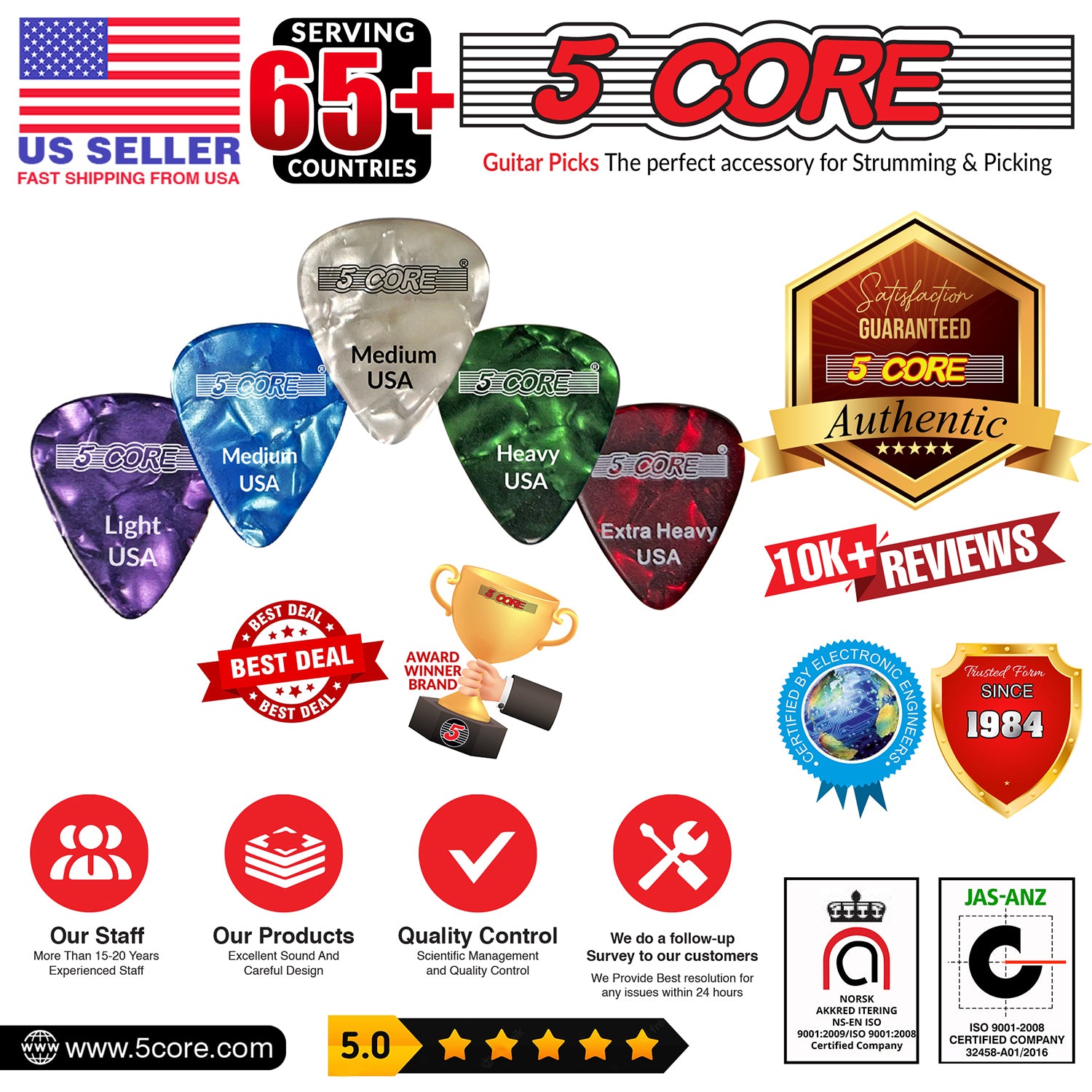 5 Core Guitar Picks 96 Pcs Light Medium Heavy and Extra Heavy Gauge Celluloid Guitar Pick for Acoustic Electric Bass Guitar
