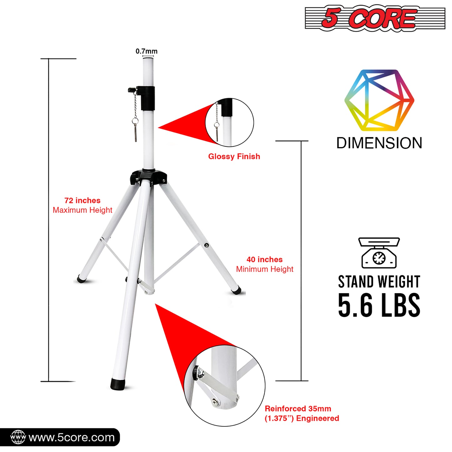 5 Core PA Speaker Stands Adjustable Height Professional Heavy Duty DJ Tripod with Mounting Bracket, Tie and Carrying Bag, Extend from 40 to 72 inches, White - Supports 132 lbs SS HD 1PK WH