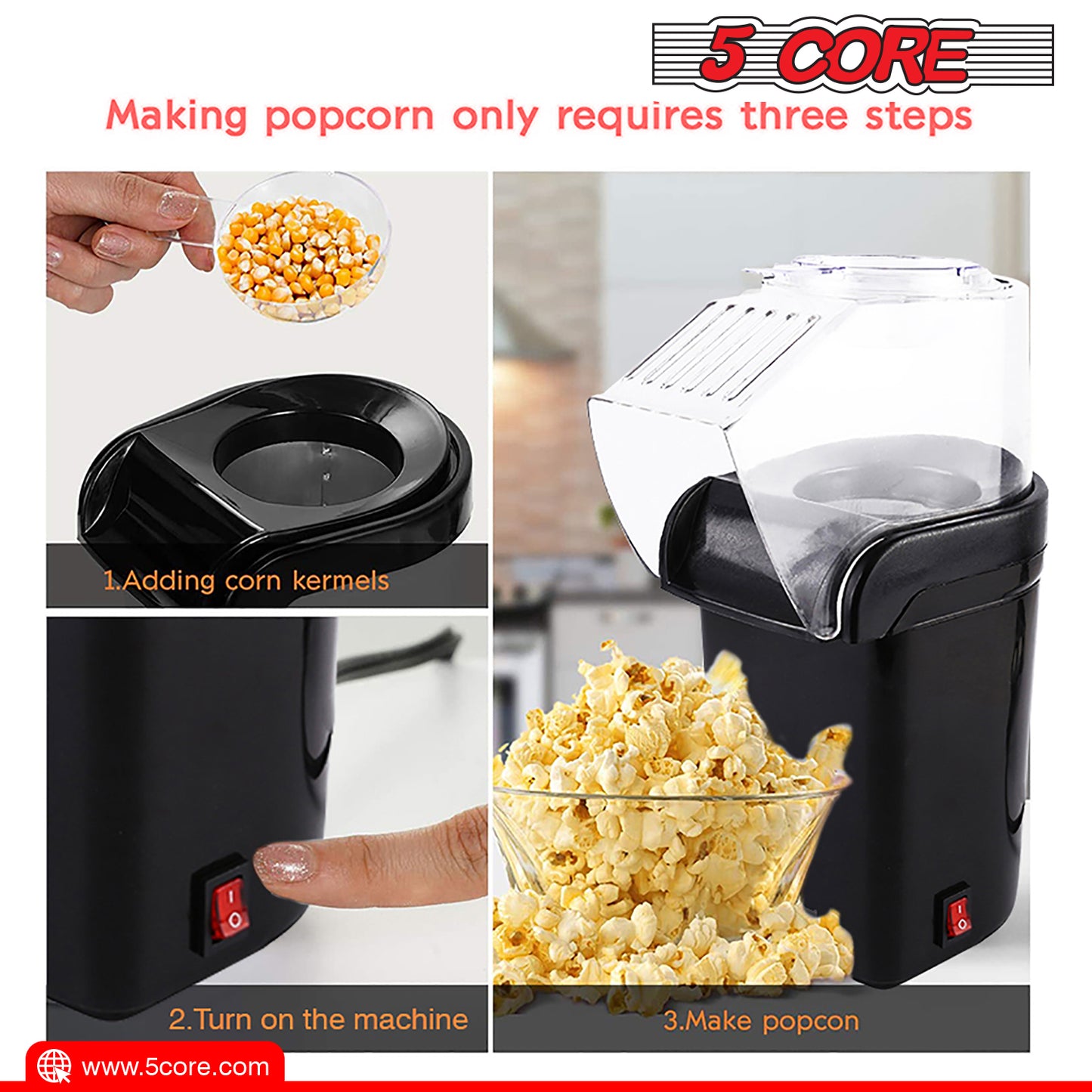 5 Core Popcorn Machine Hot Air Electric Popper Kernel Corn Maker Bpa Free No Oil POP B